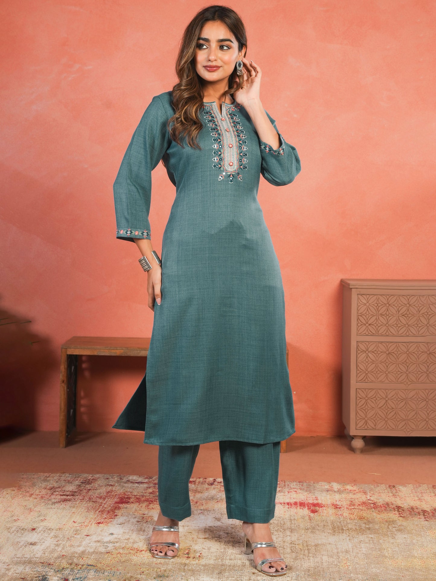 Embroidered Blended Silk Solid Straight Teal Kurta