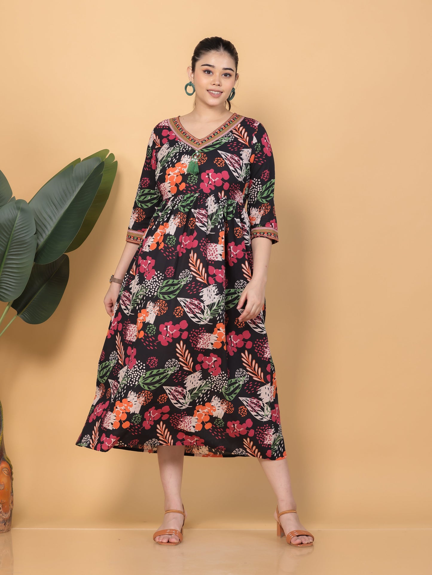 Soft Cotton Floral Anarkali Black Dress