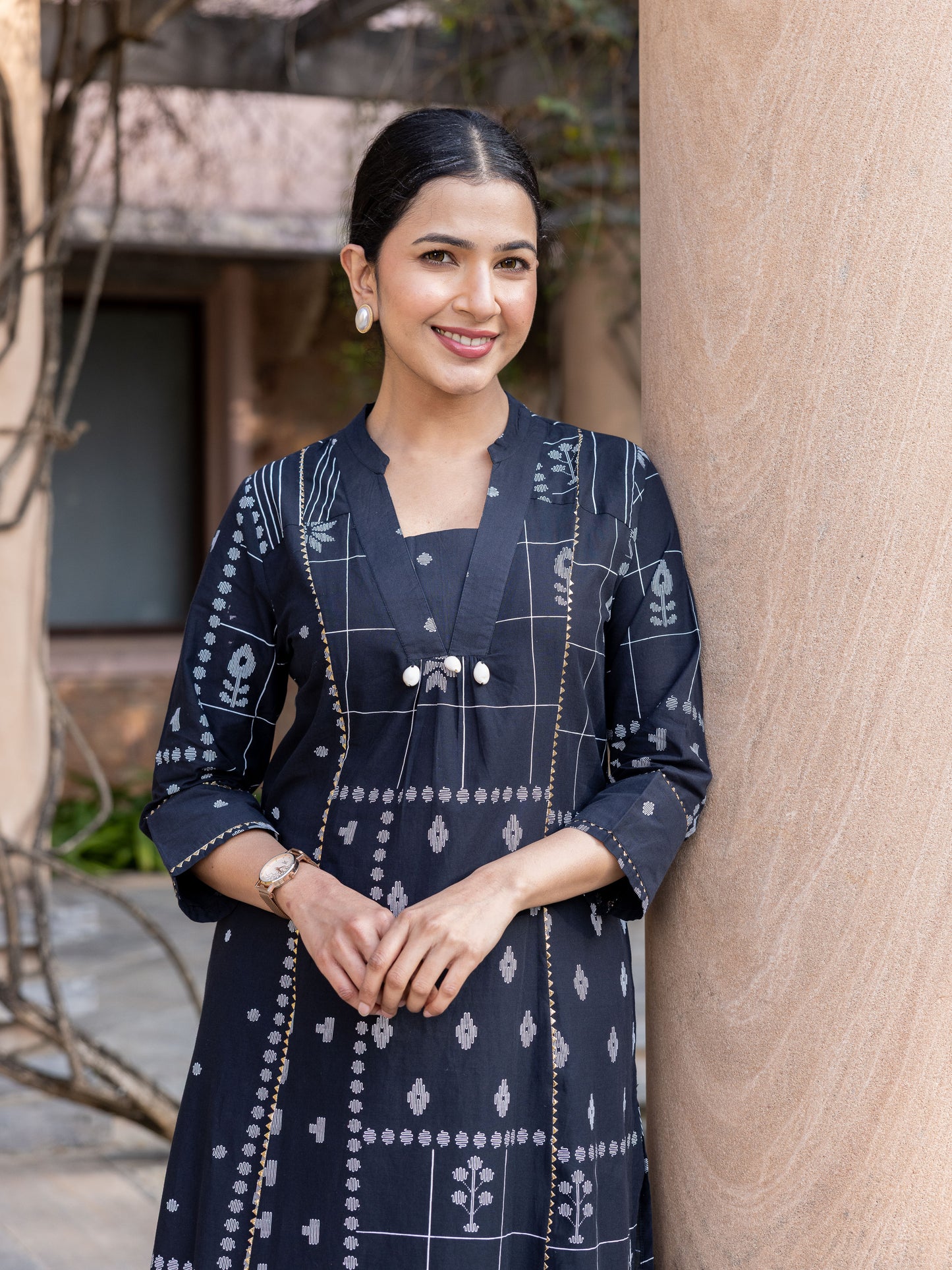Soft Cotton Geometric Flared Black Kurta