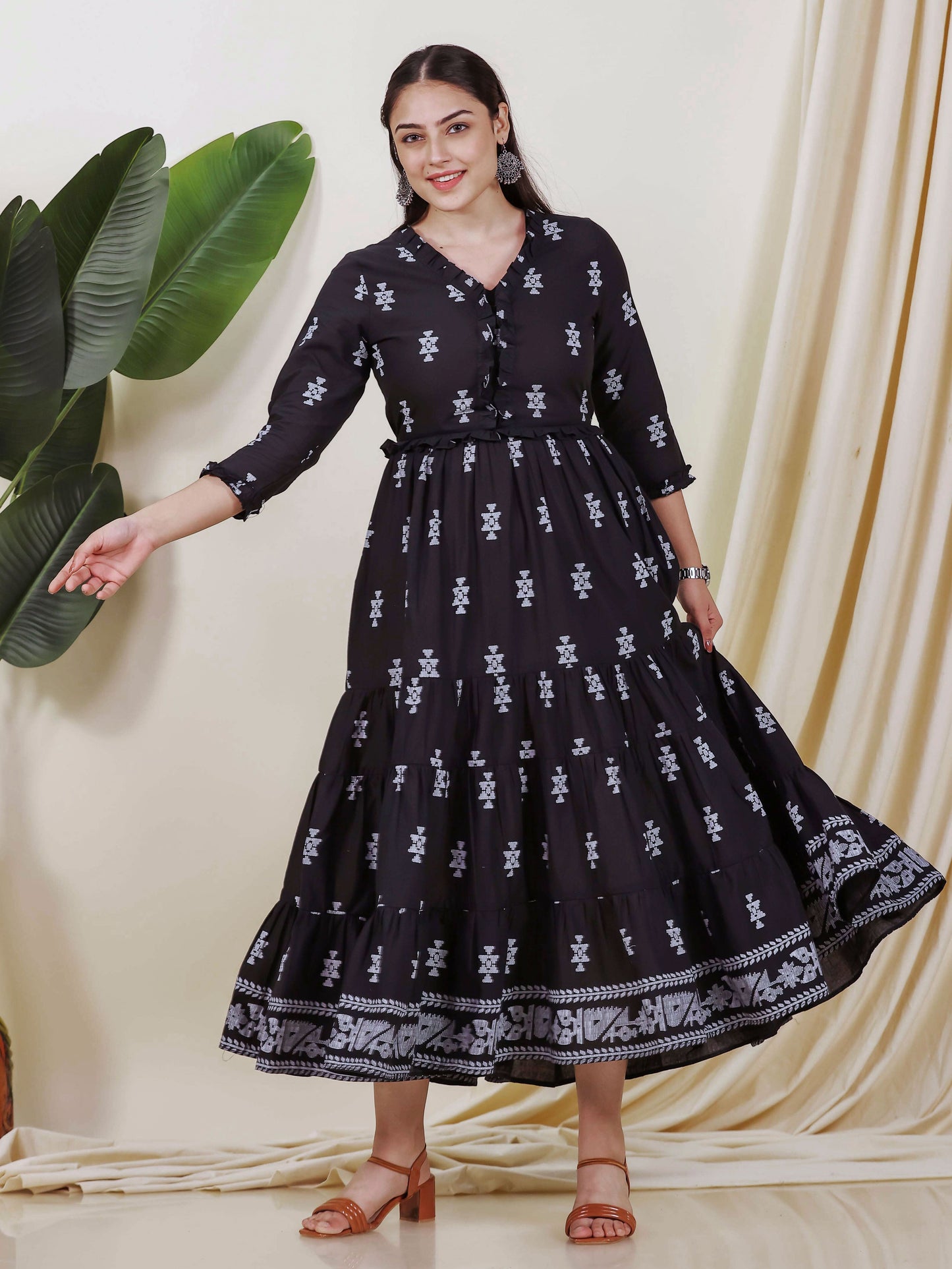 Soft Cotton Geometric Anarkali Black Dress