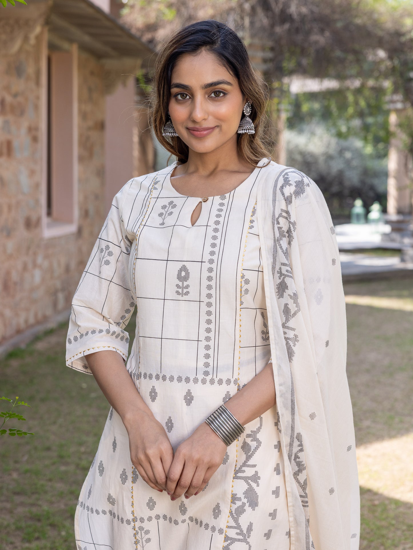 Cotton Voile Geometric Cream Dupatta