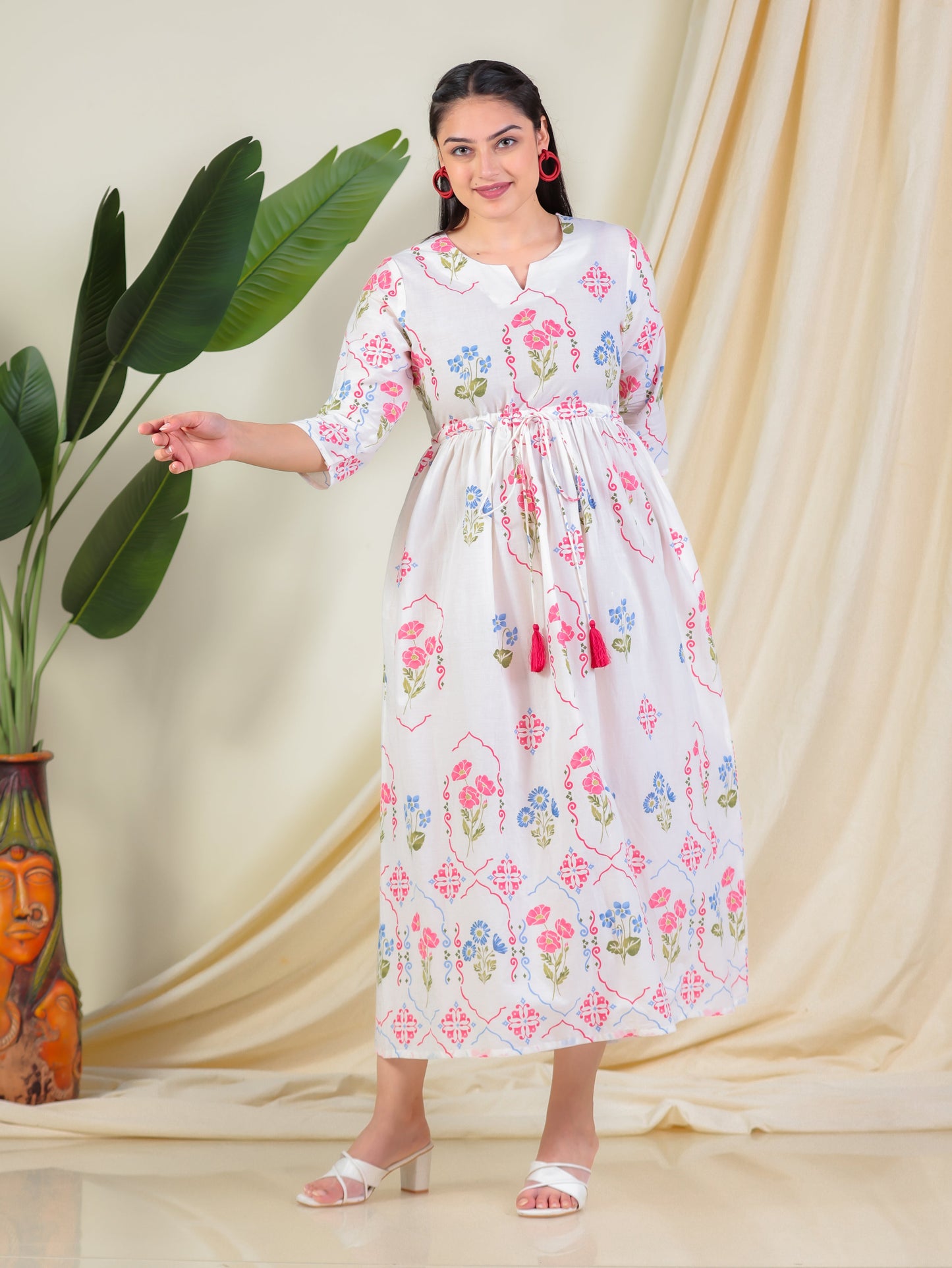 Soft Cotton Geometric Anarkali Off White Dress