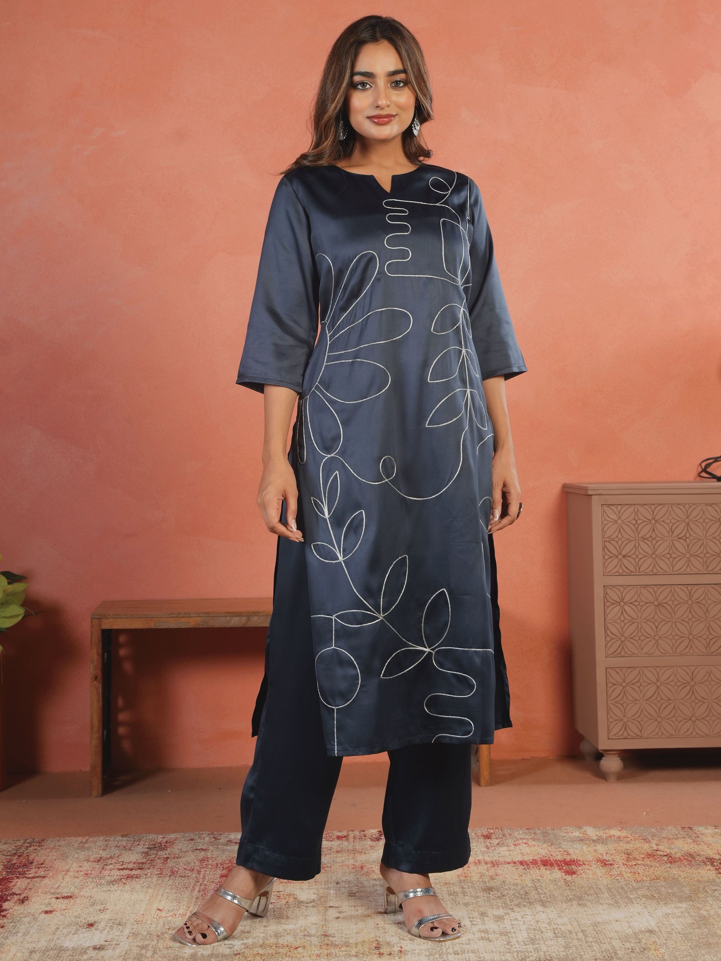 Embroidered Satin Solid Straight Blue Kurta