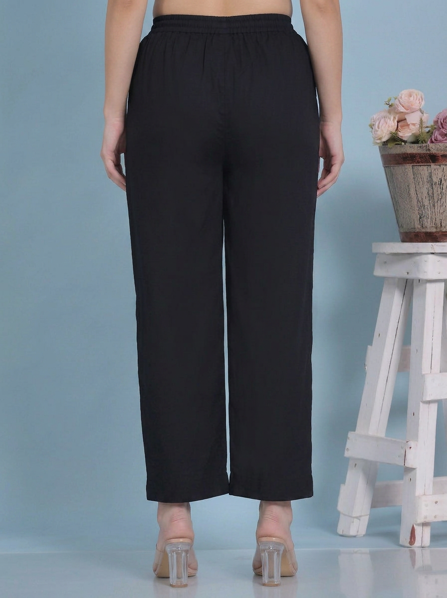 Soft Cotton Solid Black Straight Trousers