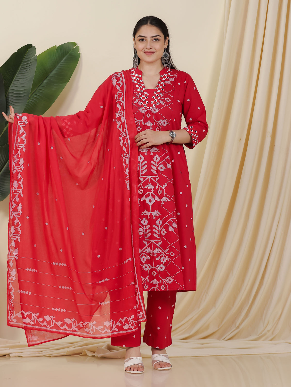 Cotton Voile Geometric Red Dupatta