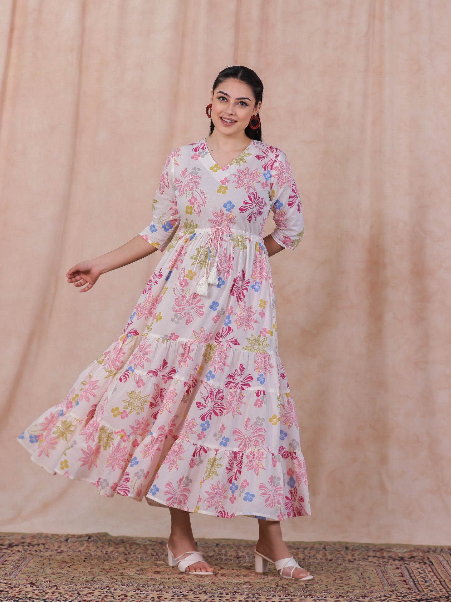 Soft Cotton Floral Anarkali Off White Dress