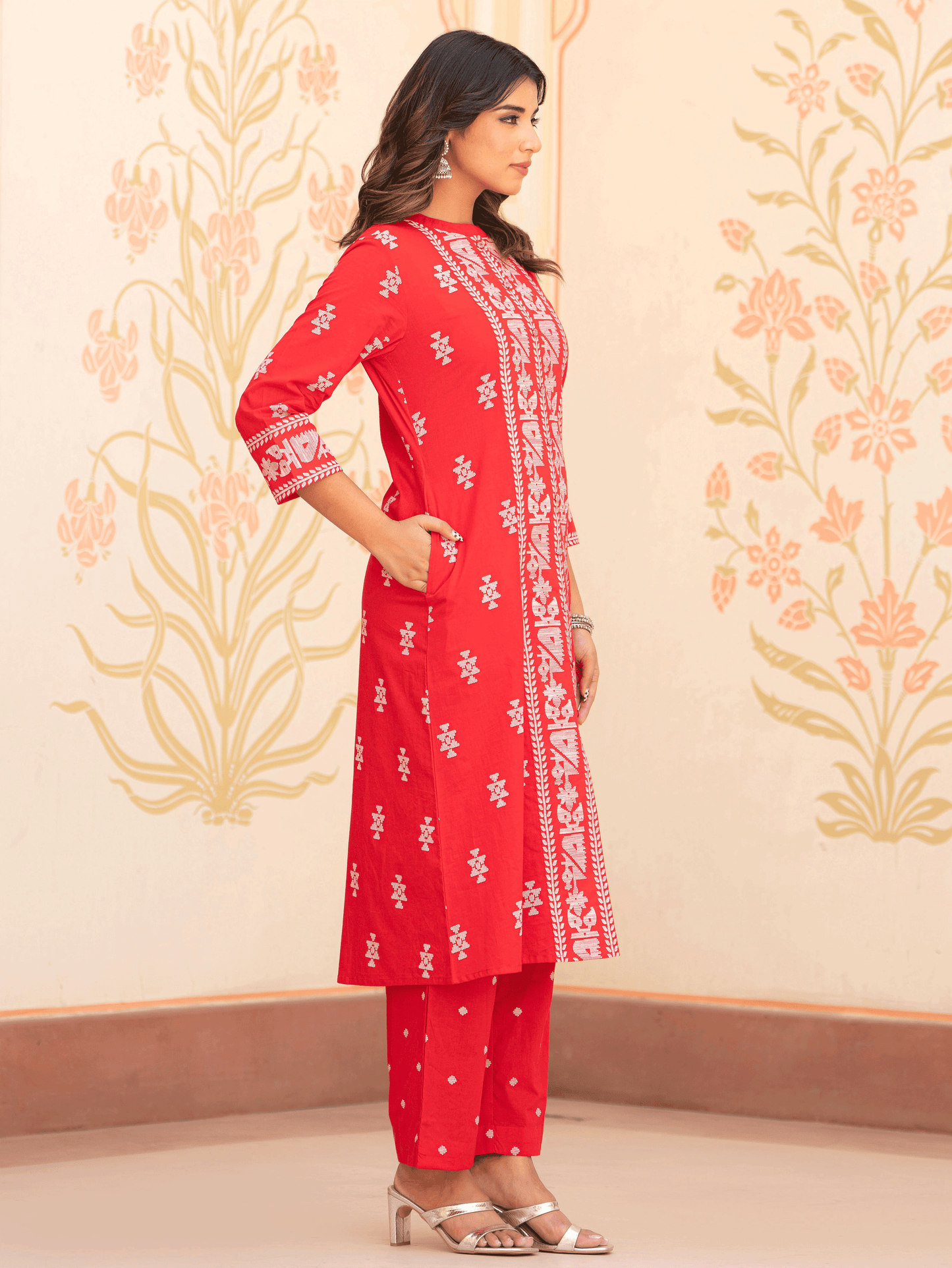 Soft Cotton Geometric Straight Red Kurta