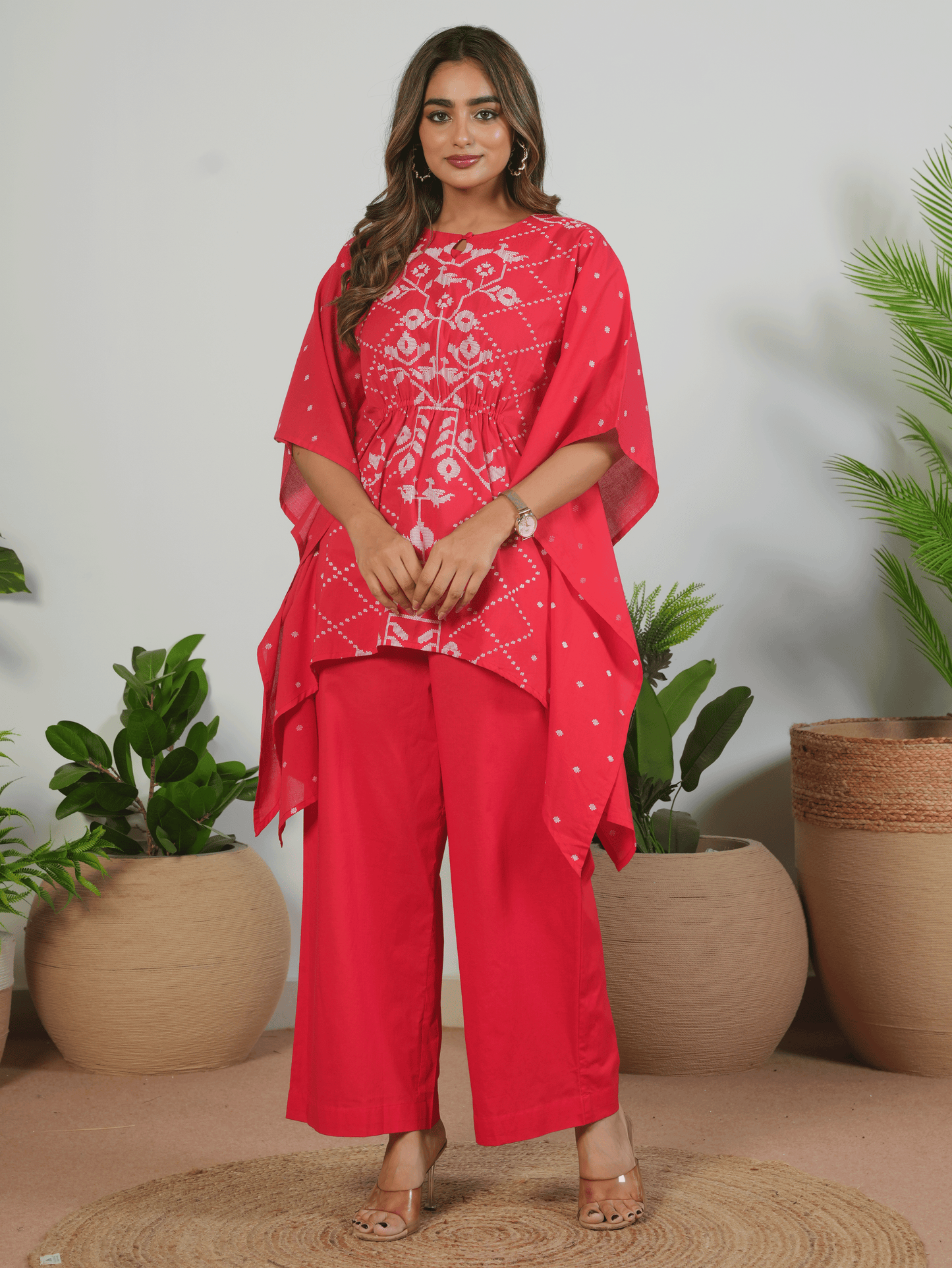 Soft Cotton Placement Print Kaftan Red Tunic