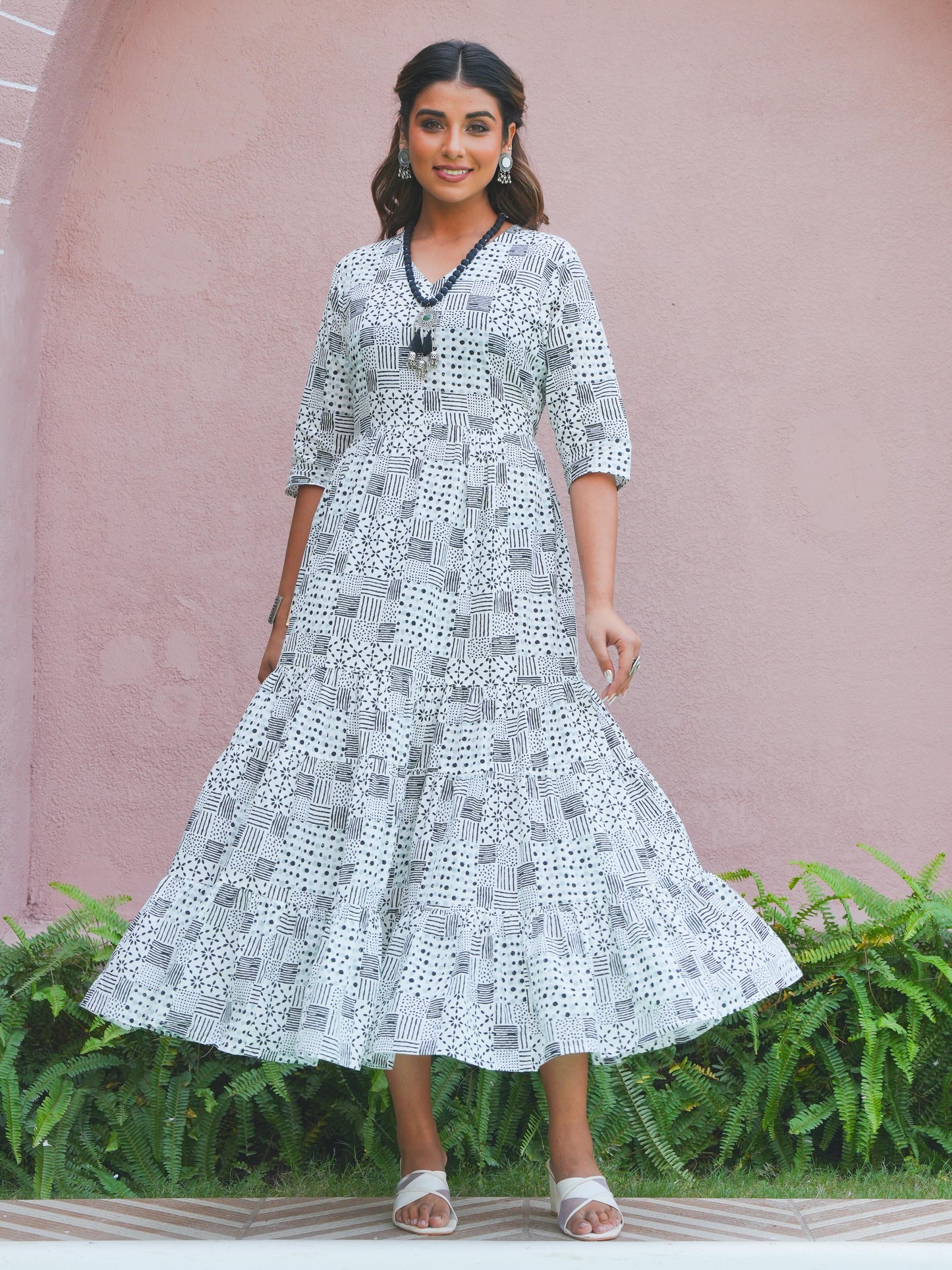 Soft Cotton Patchwork Anarkali White Dress