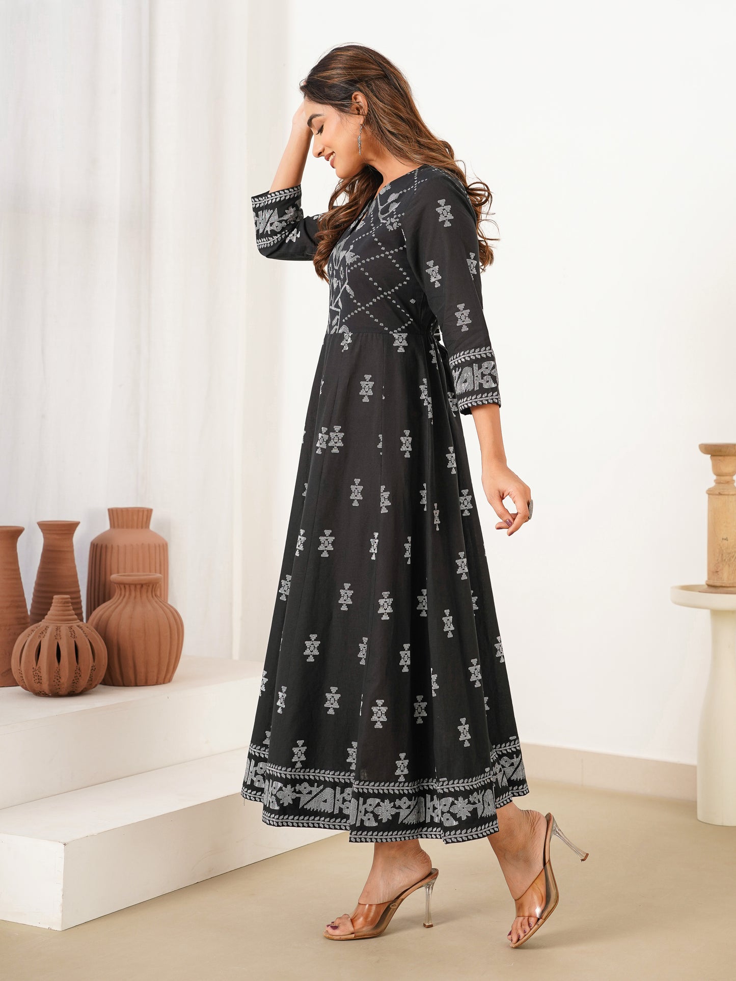 Soft Cotton Butti Anarkali Black Dress