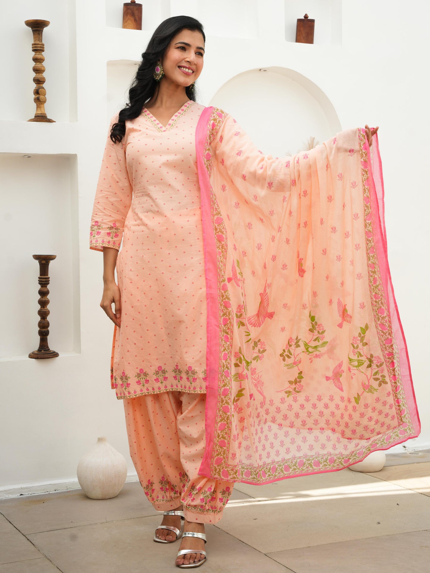 Cotton Voile Floral Peach Dupatta