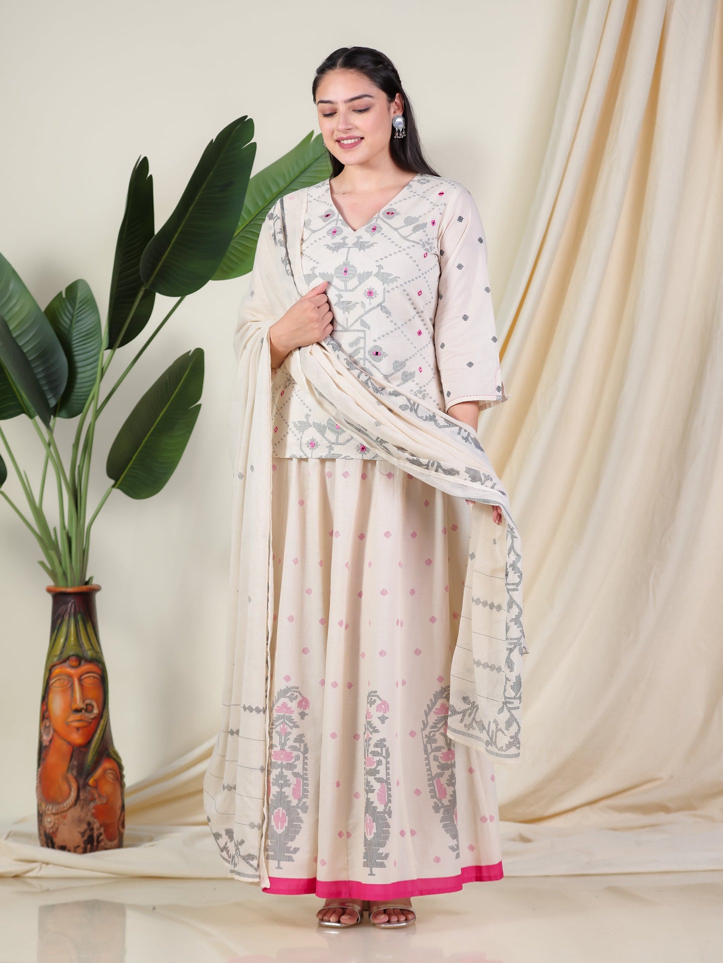 Cotton Voile Placement Print Cream Dupatta