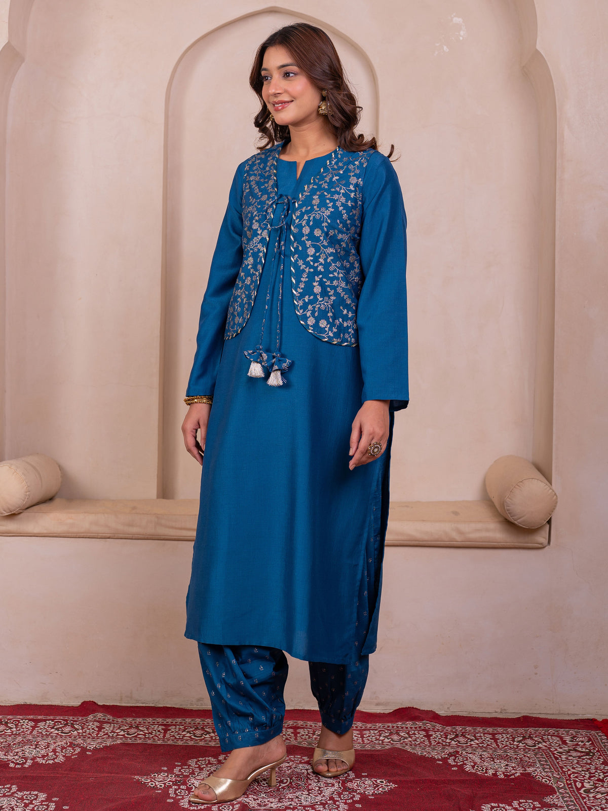 Chanderi Gold foil Teal Jacket