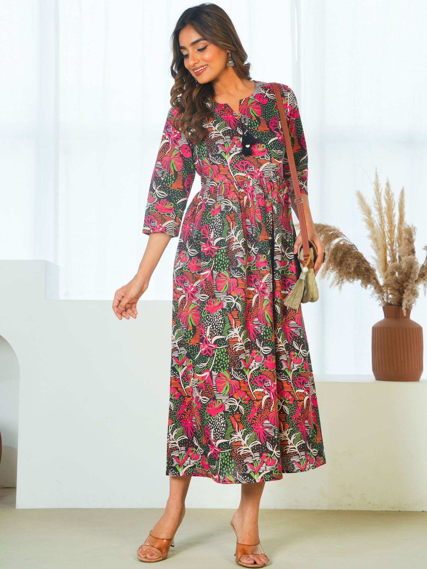 Soft Cotton Foliage Anarkali Black Dress