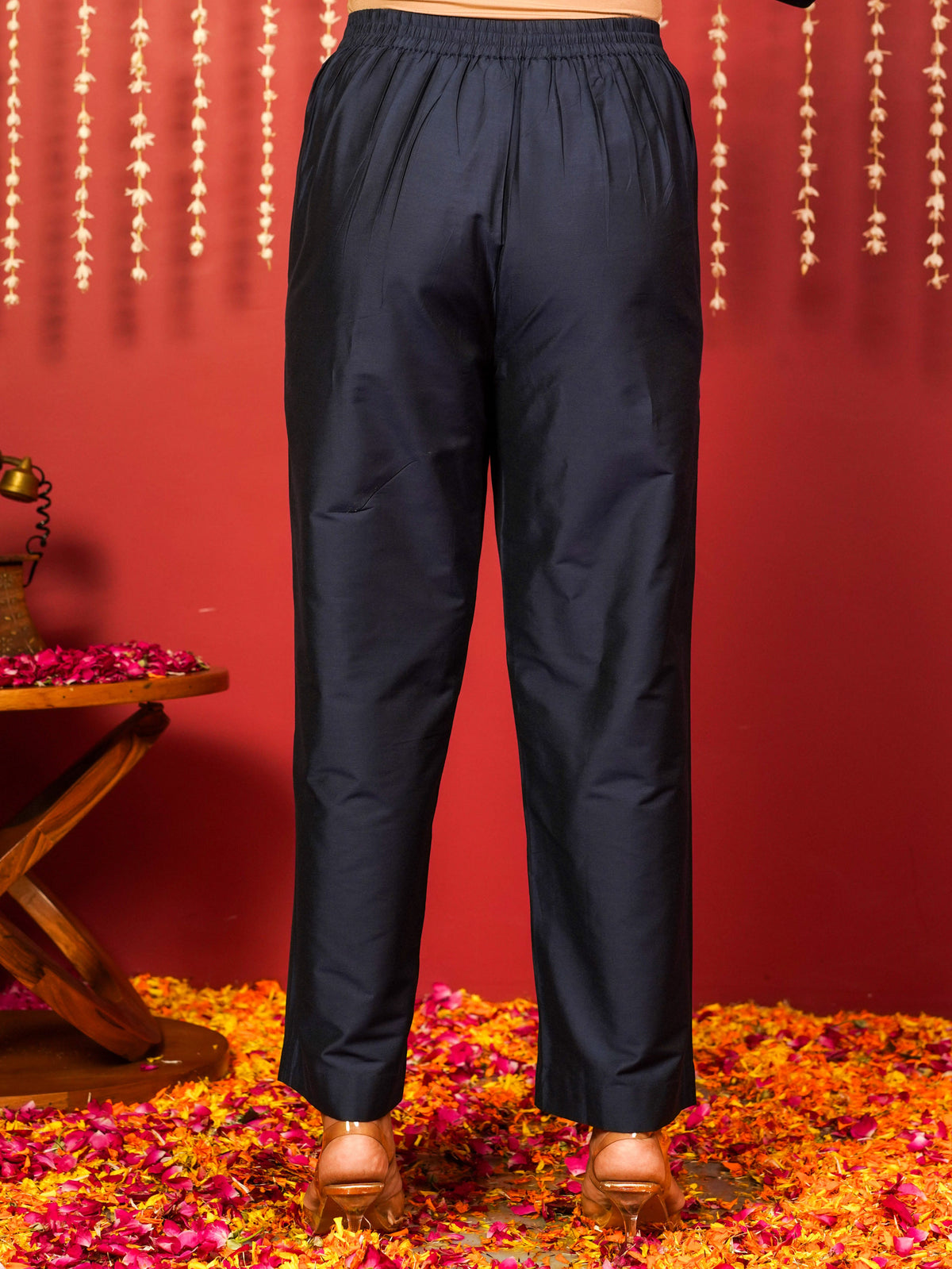 Chanderi Solid Blue Straight Trousers