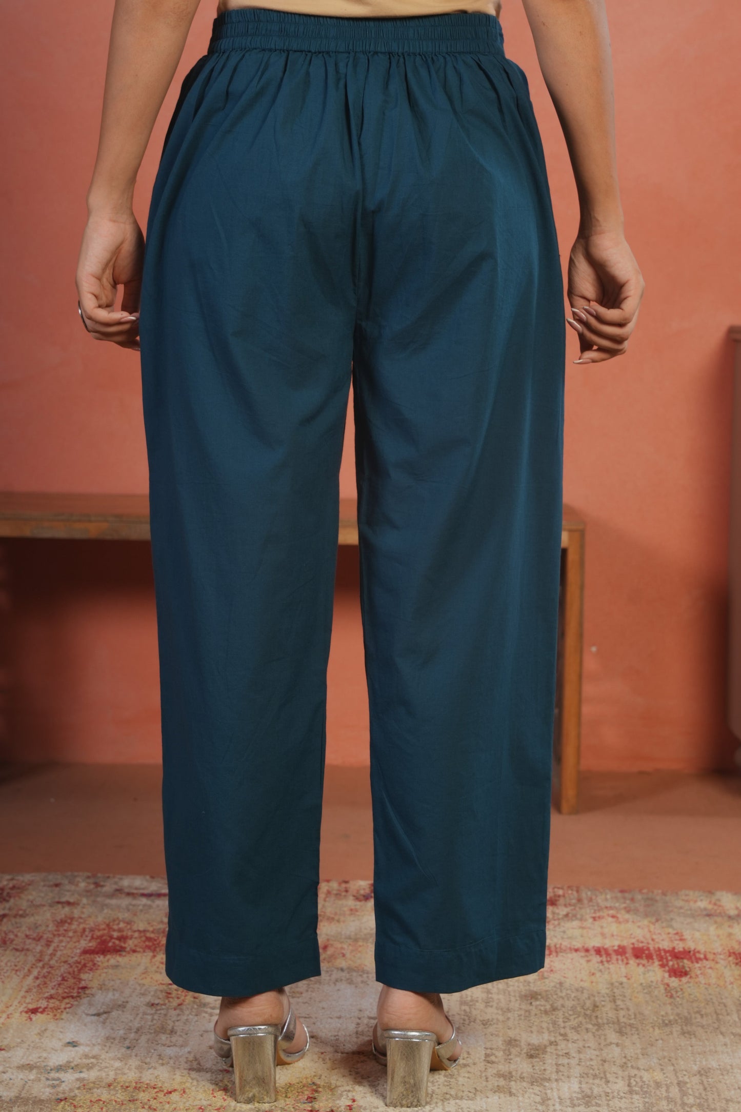 Soft Cotton Solid Teal Straight Trousers