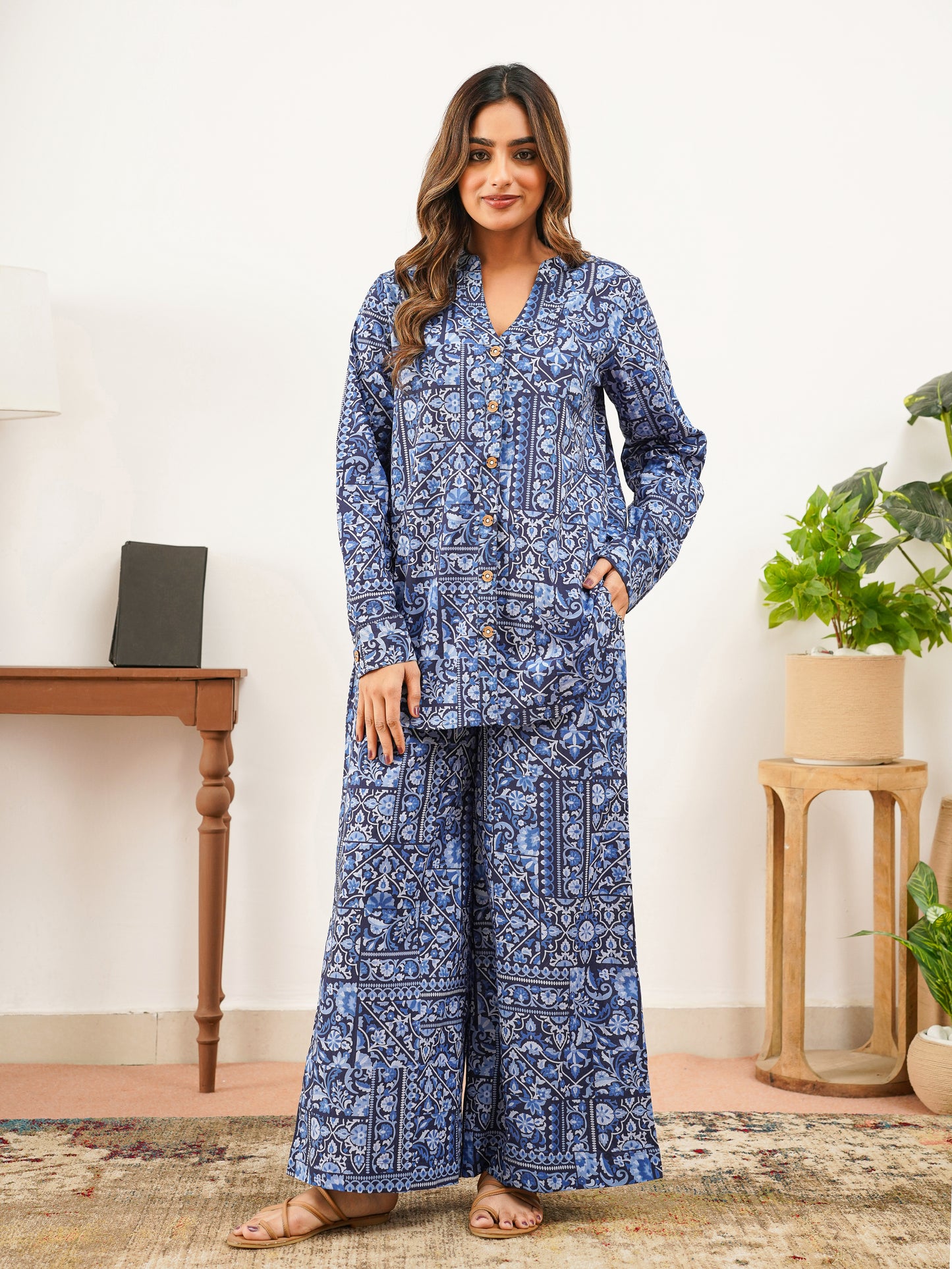 Soft Cotton Patchwork Straight Navy Blue Tunic