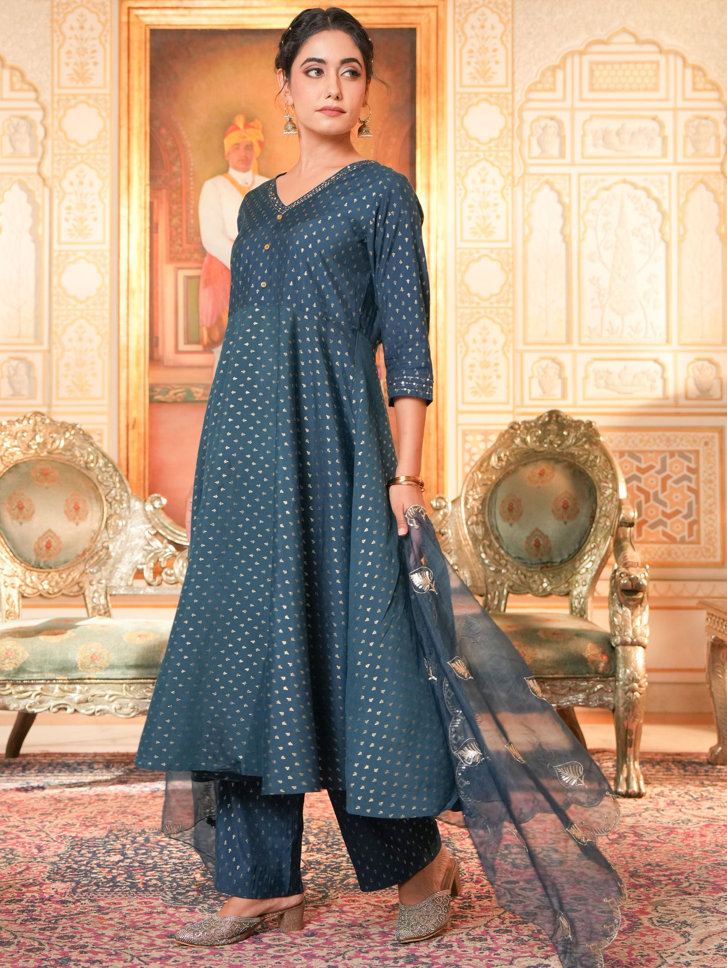 Embroidered Chanderi Gold foil Anarkali Blue Kurta