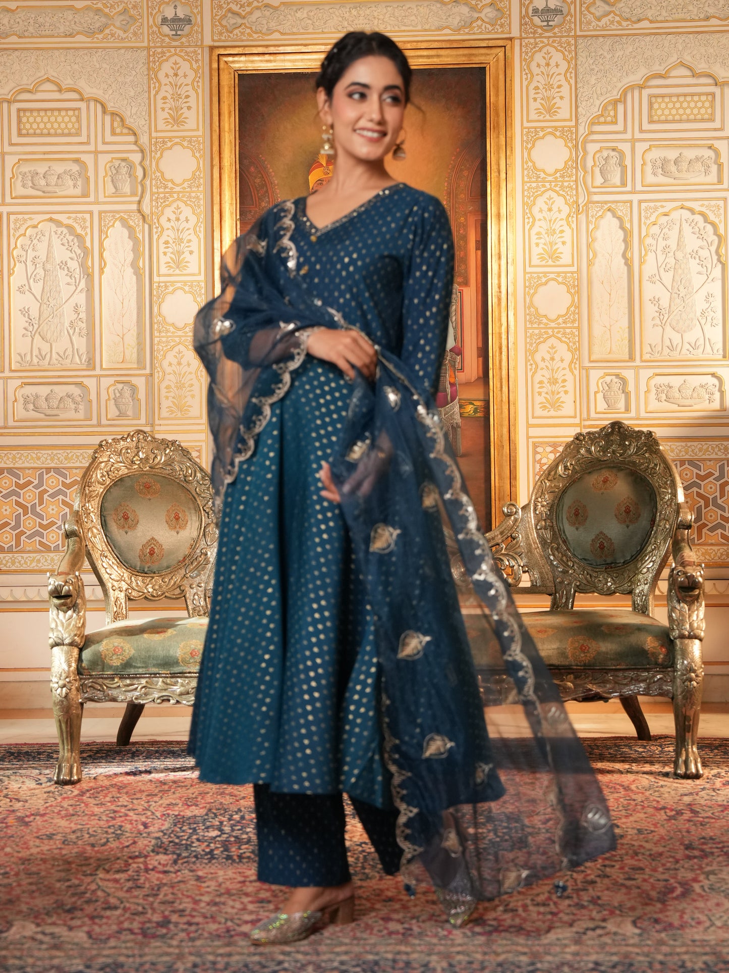 Embroidered Organza Solid Blue Dupatta