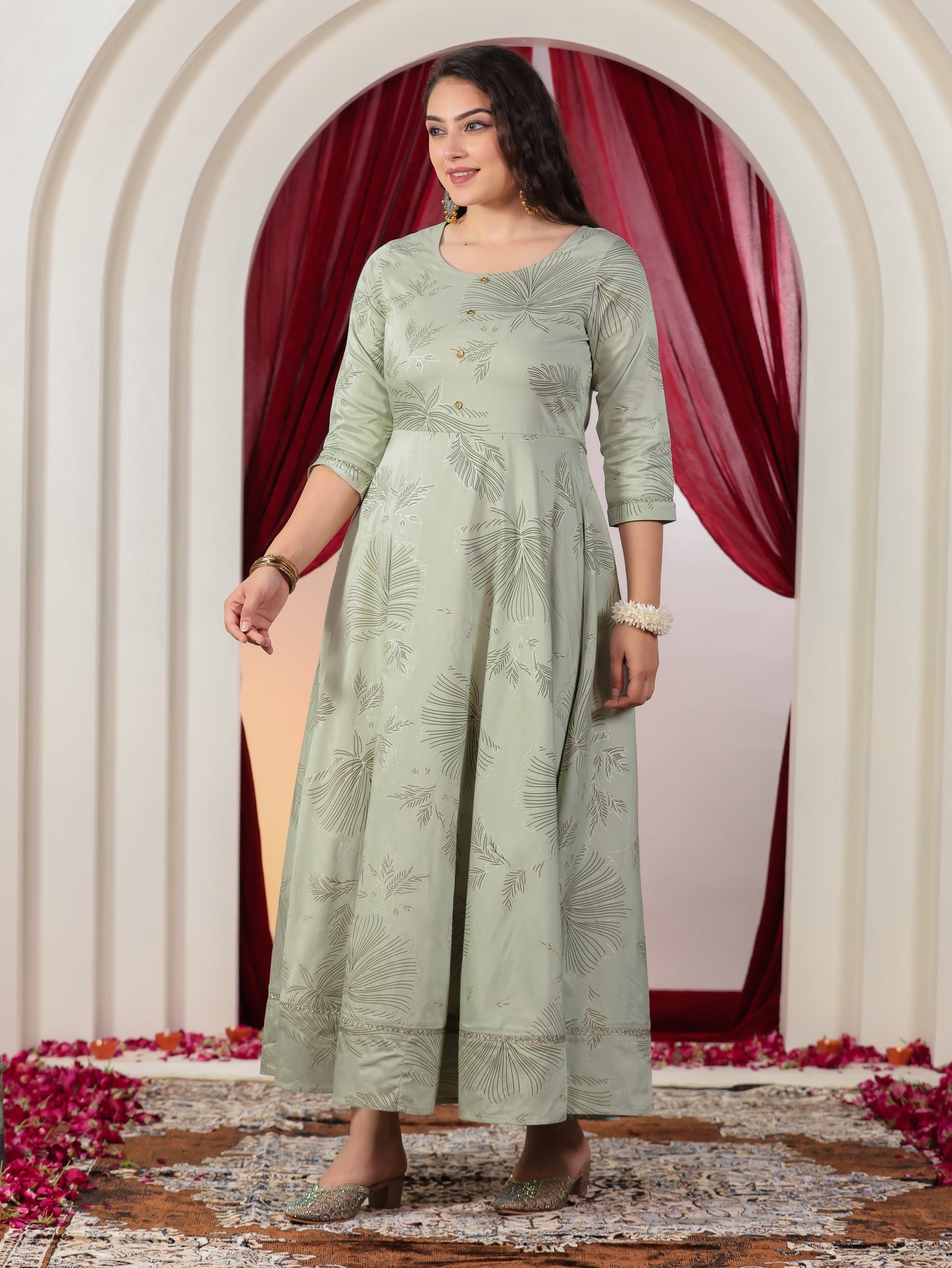 Chanderi Gold foil Anarkali Mint Green Dress (With Potli Bag)