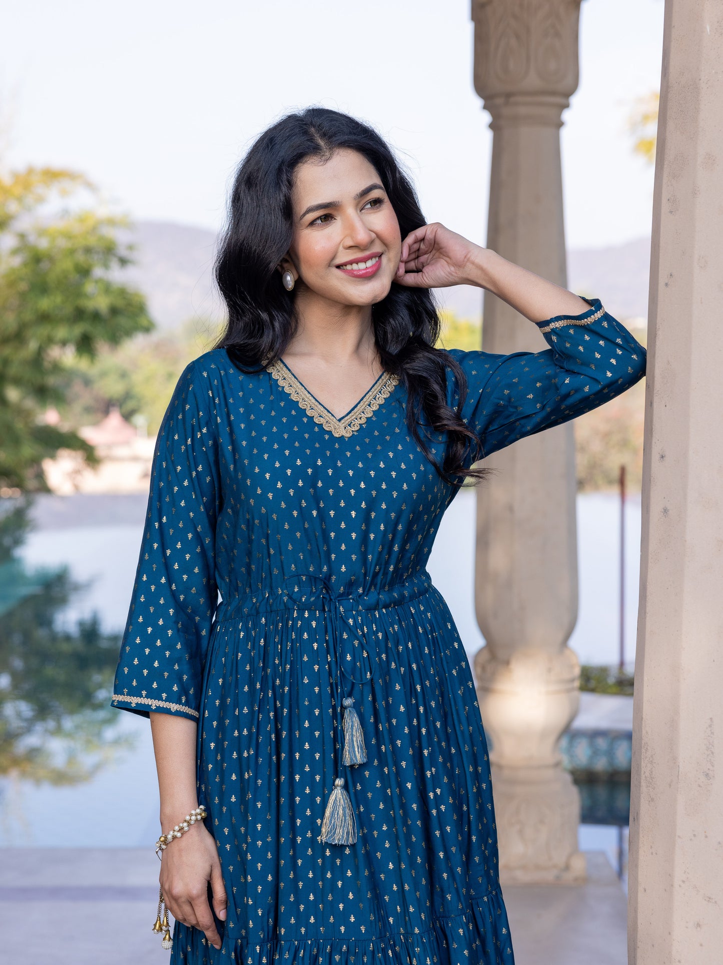 Chanderi Gold foil Anarkali Blue Dress