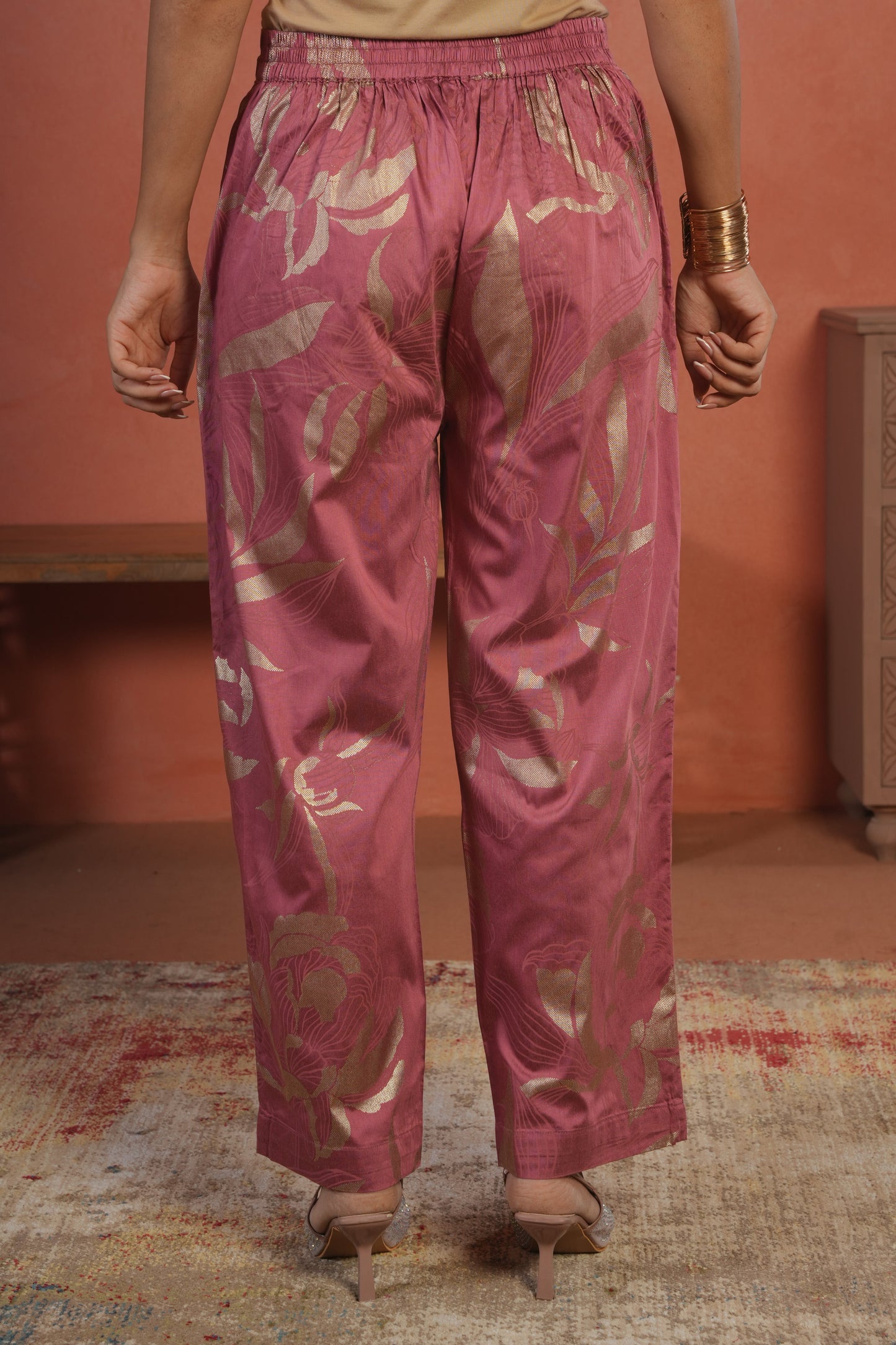 Chanderi Gold foil Pink Straight Trousers