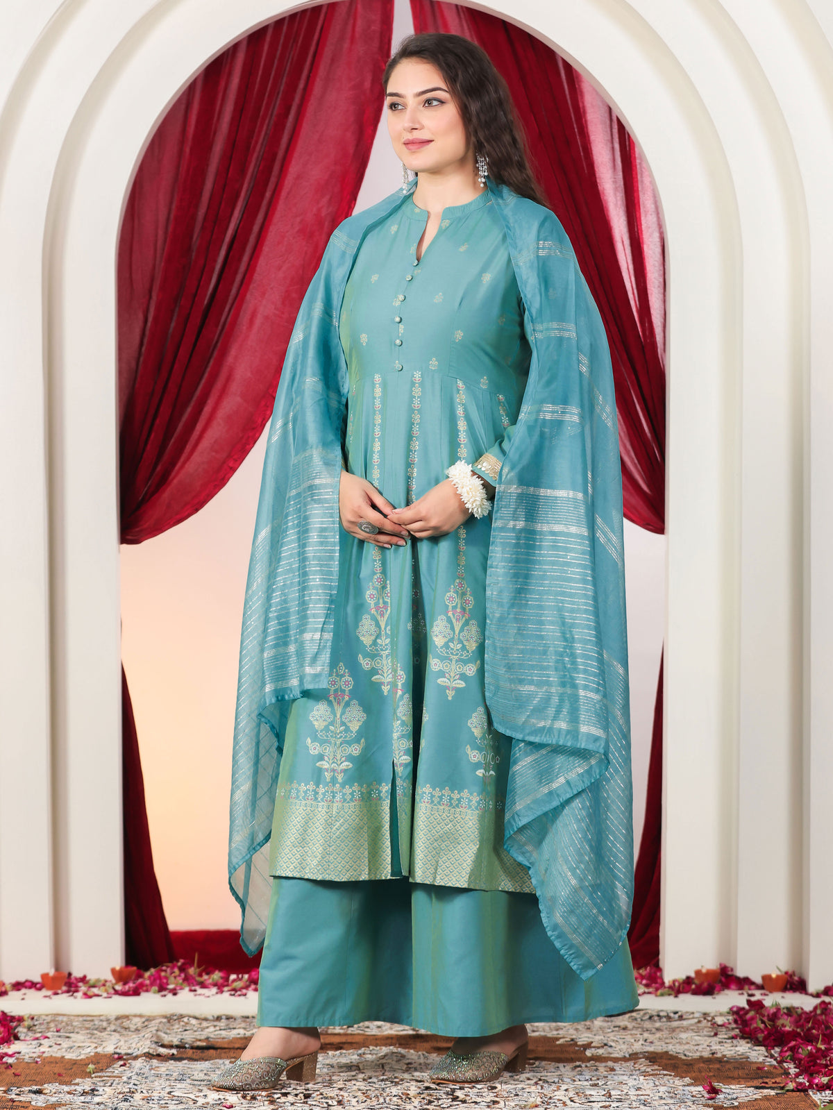Chanderi Gold foil High Low Turquoise Kurta