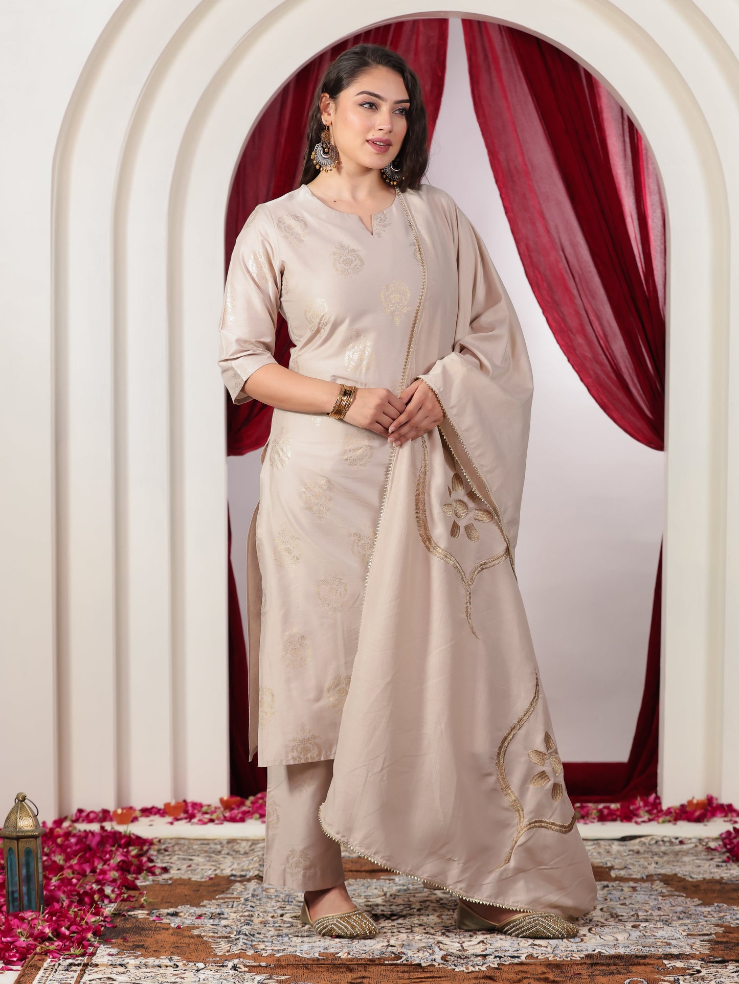 Embroidered Blended Silk Solid Beige Dupatta