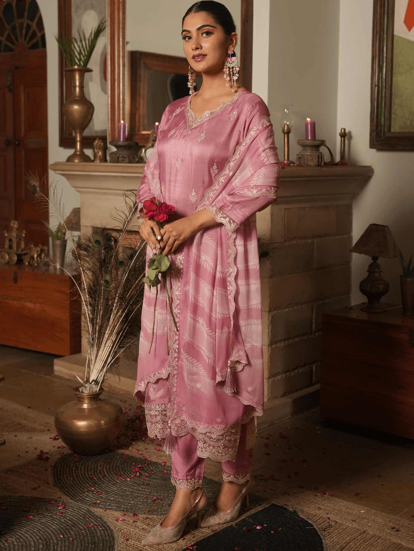 Embroidered Chiffon Digital Dusty Pink Dupatta