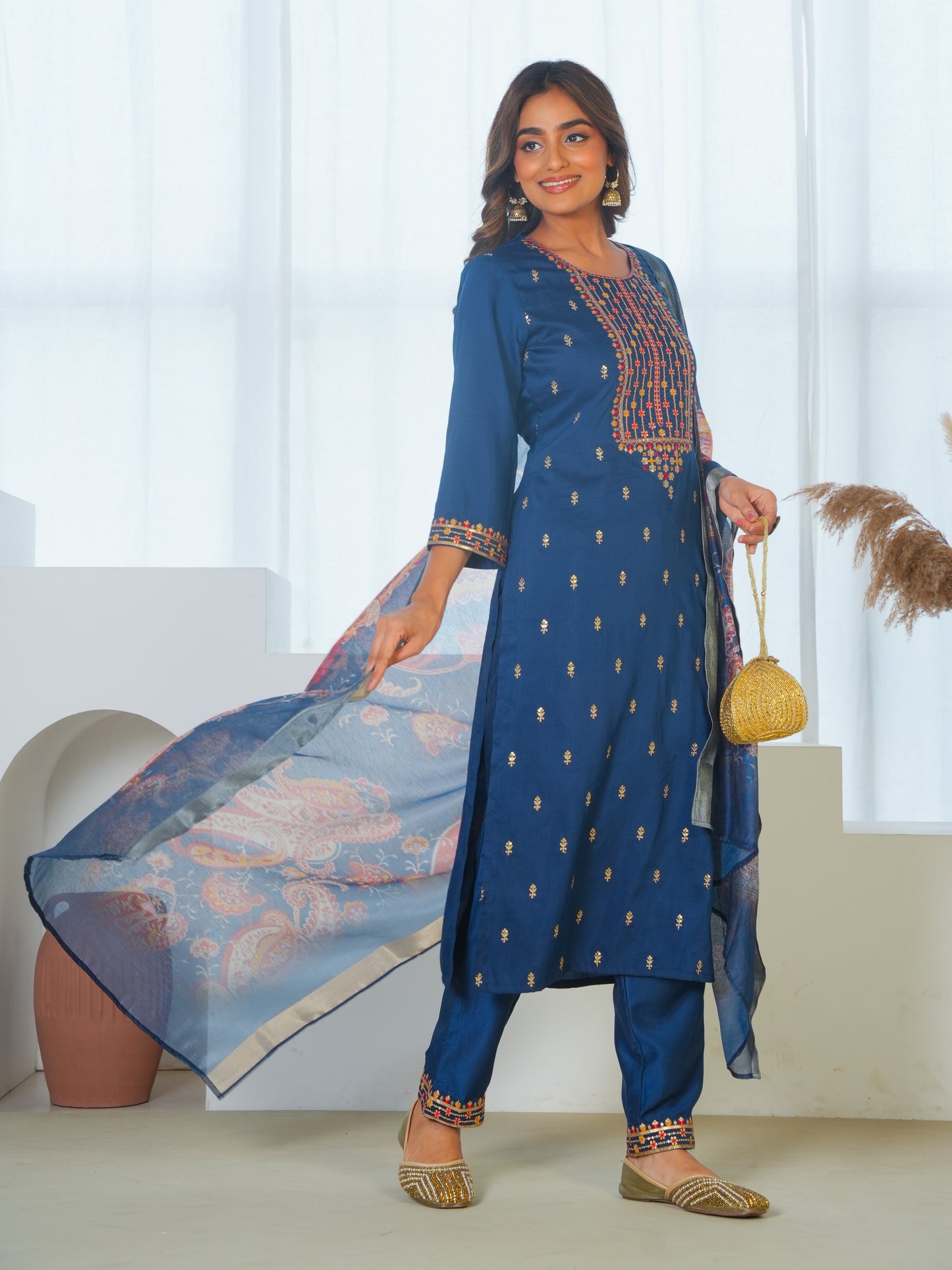 Chanderi Floral Navy Blue Dupatta