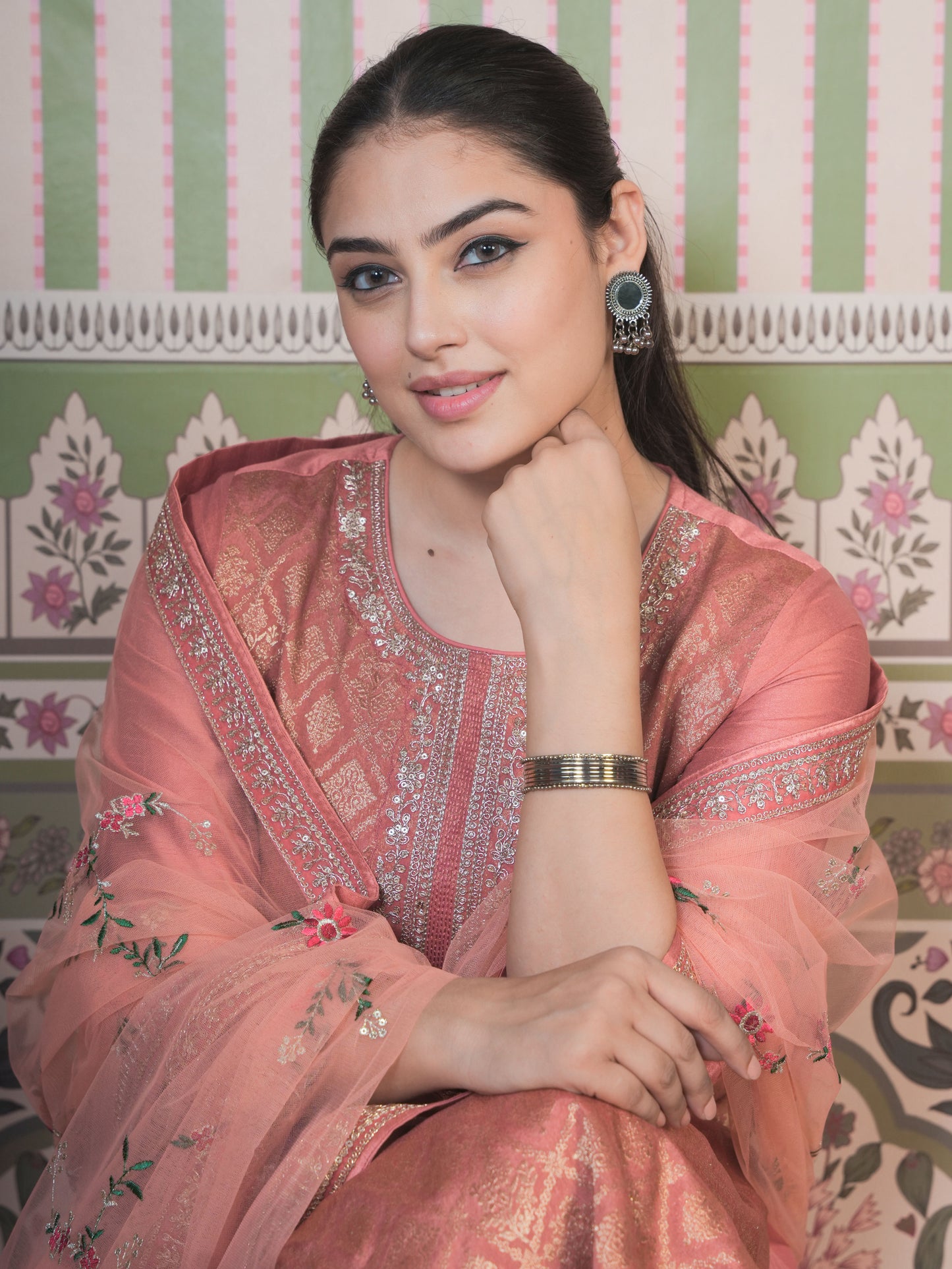 Embroidered Silk Jacquard Solid Peach Straight Kurta