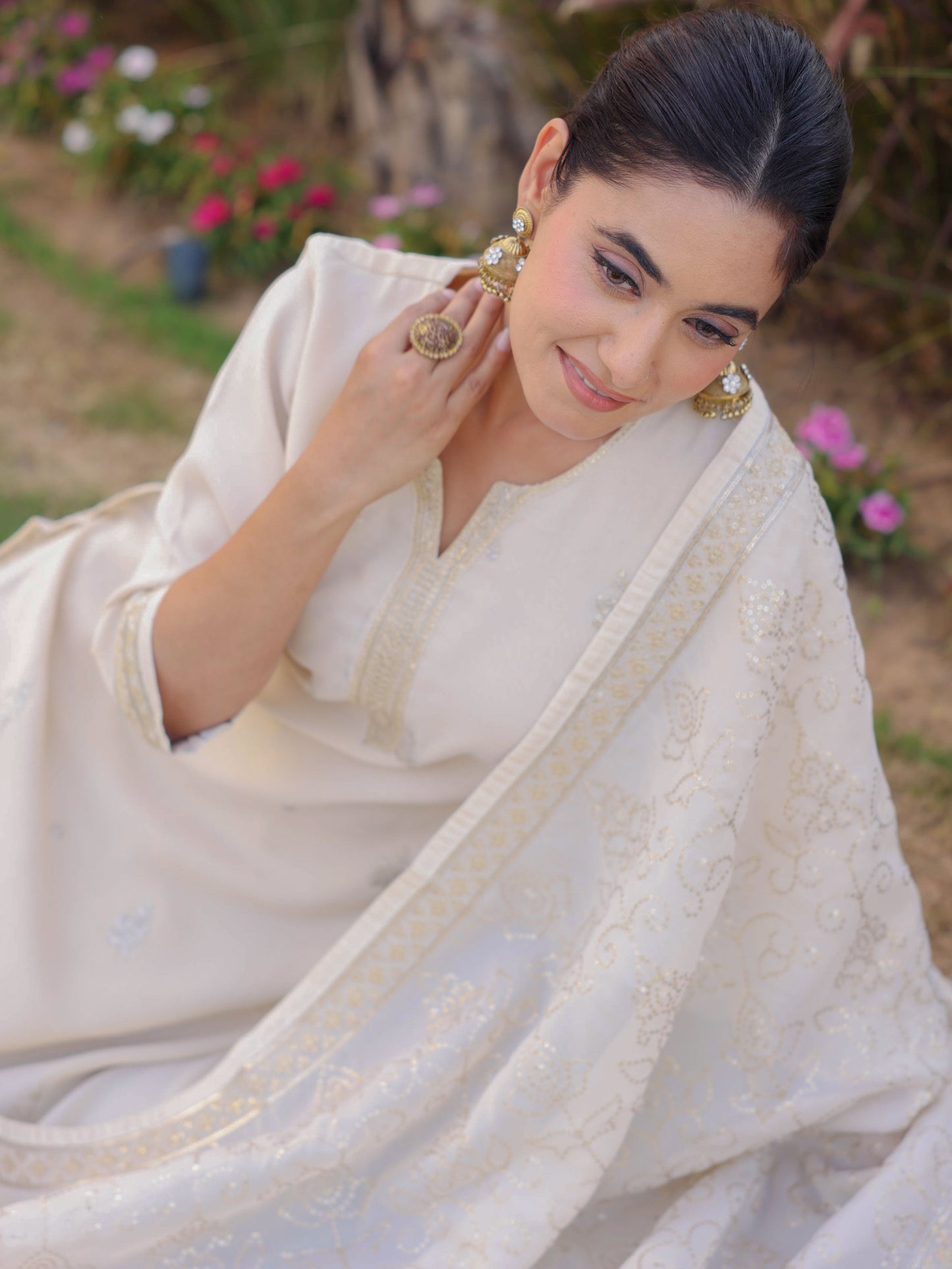 Embroidered Tissue Solid Straight Off White Kurta