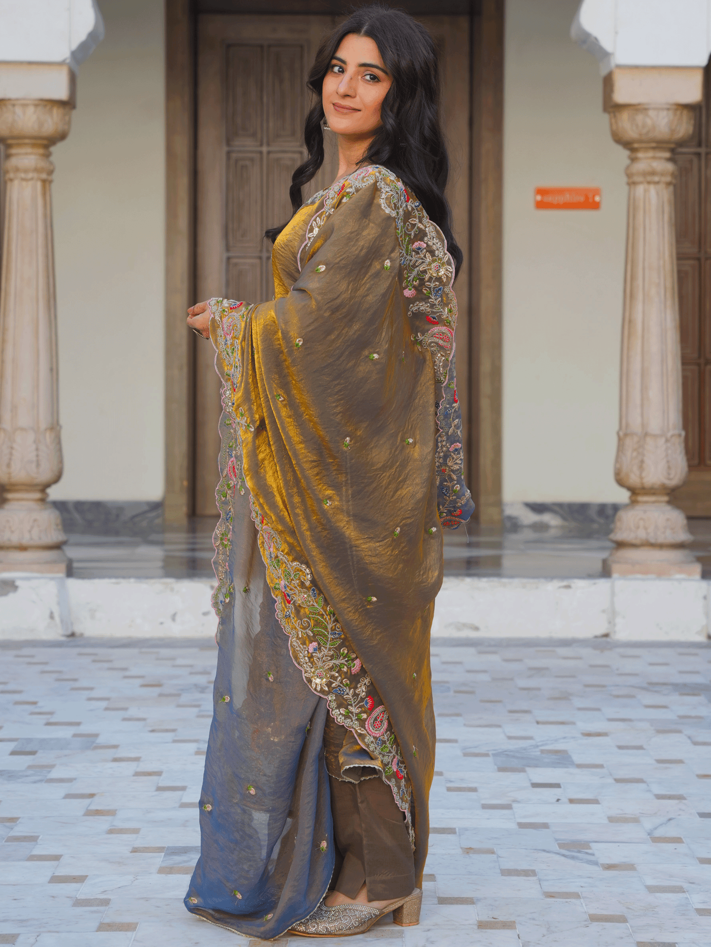 Embroidered Organza Gold Dupatta