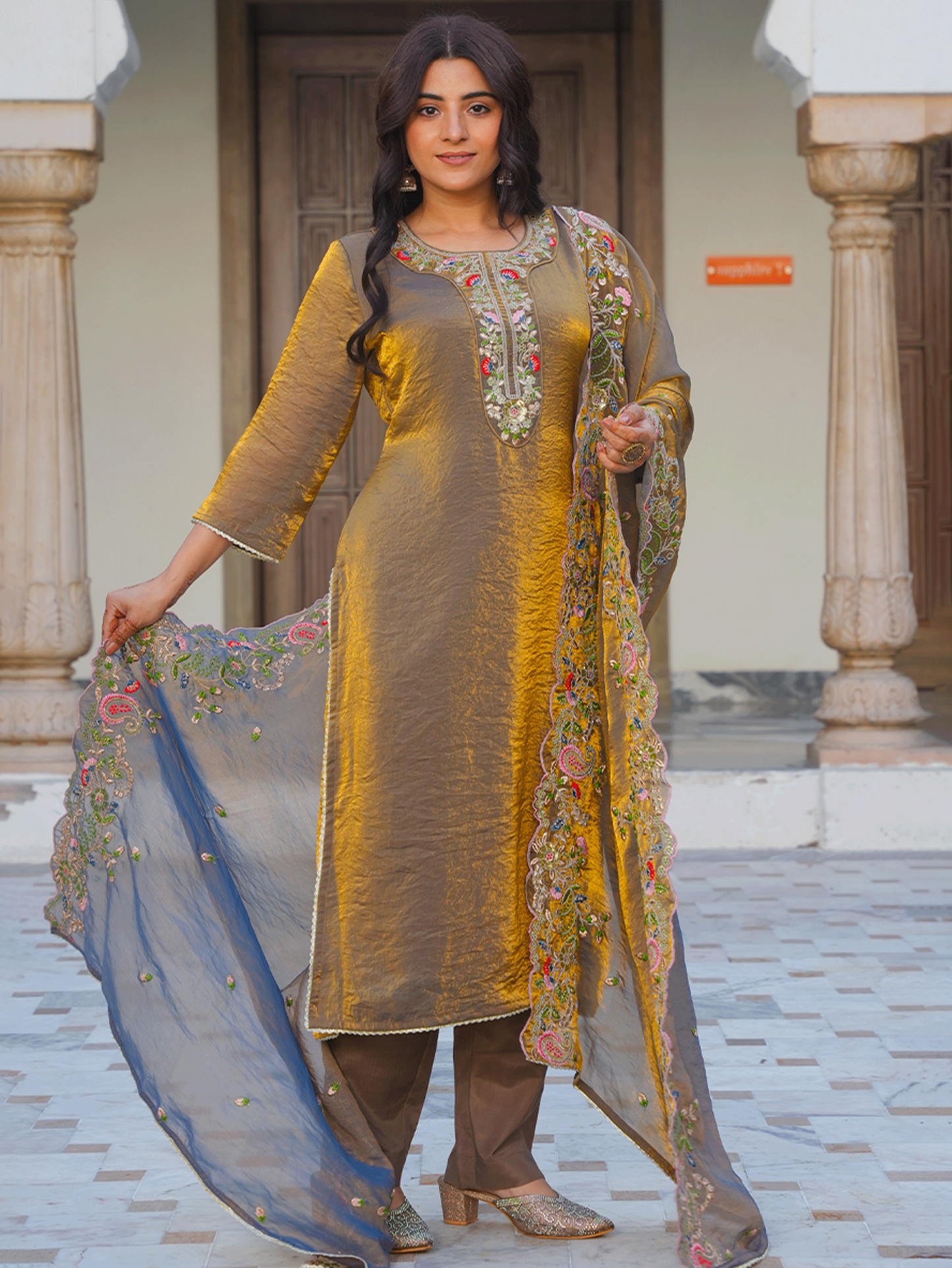Embroidered Organza Solid Gold Straight Kurta
