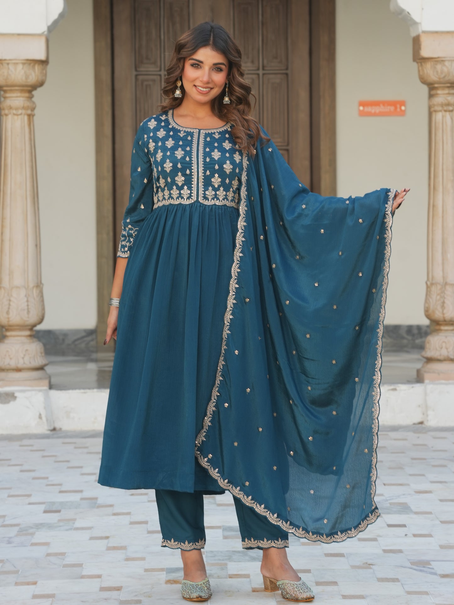 Embroidered Chinon Solid Anarkali Teal Kurta