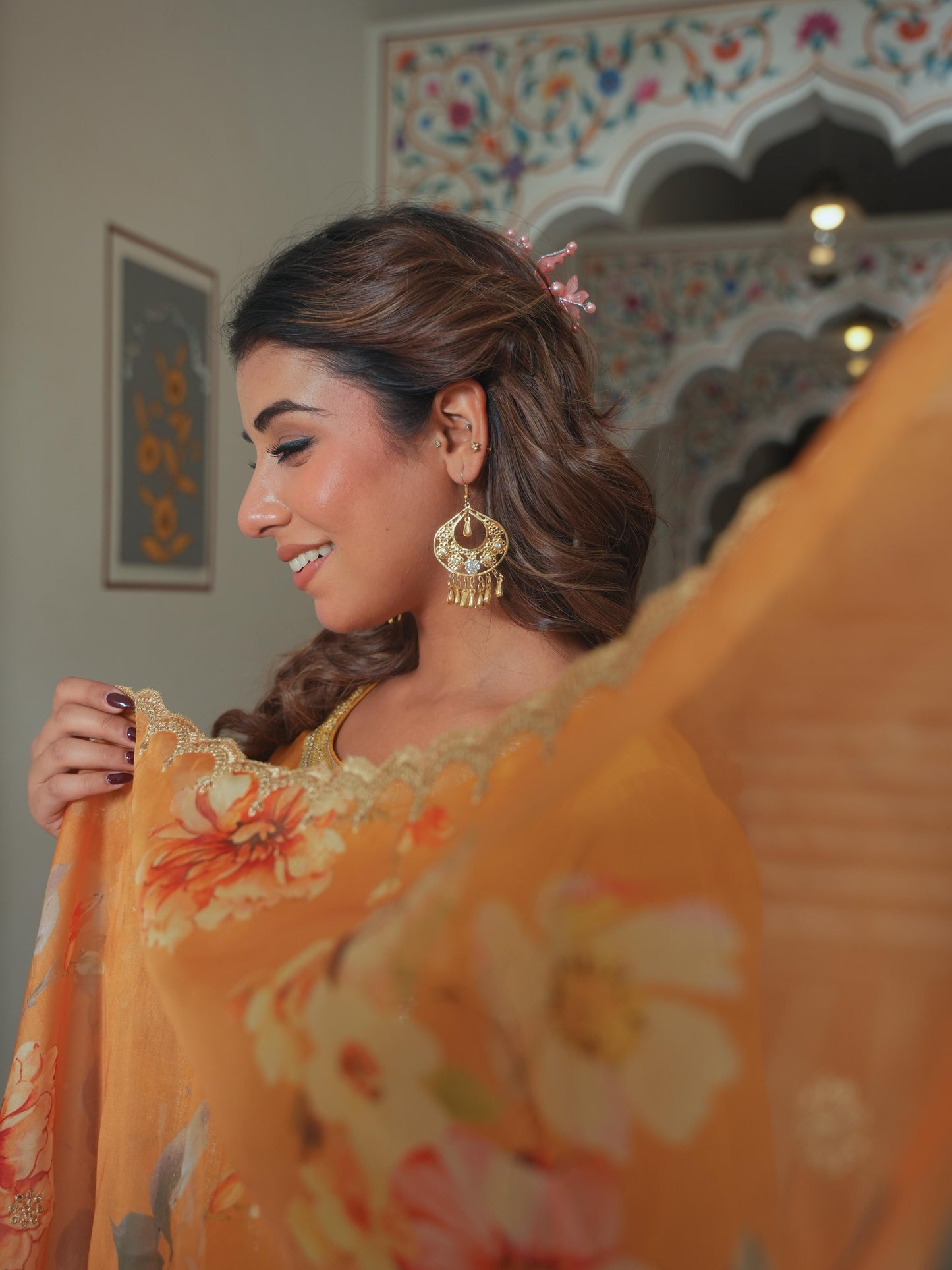 Embroidered Blended Silk Solid Straight Mustard Kurta