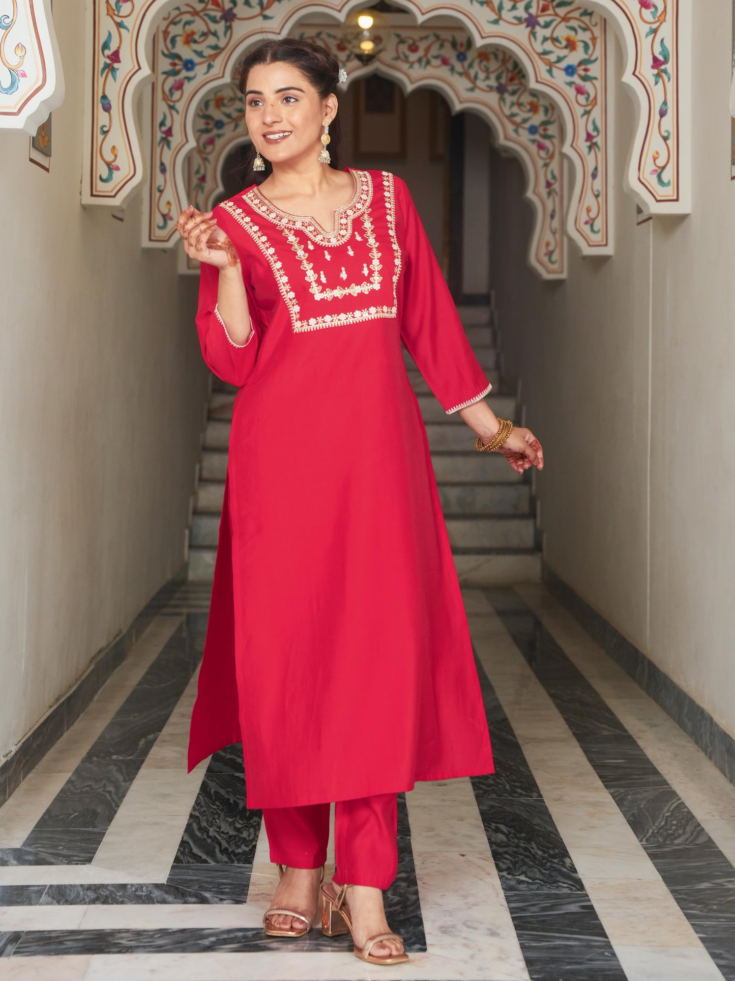 Embroidered Chanderi Solid Red Kurta