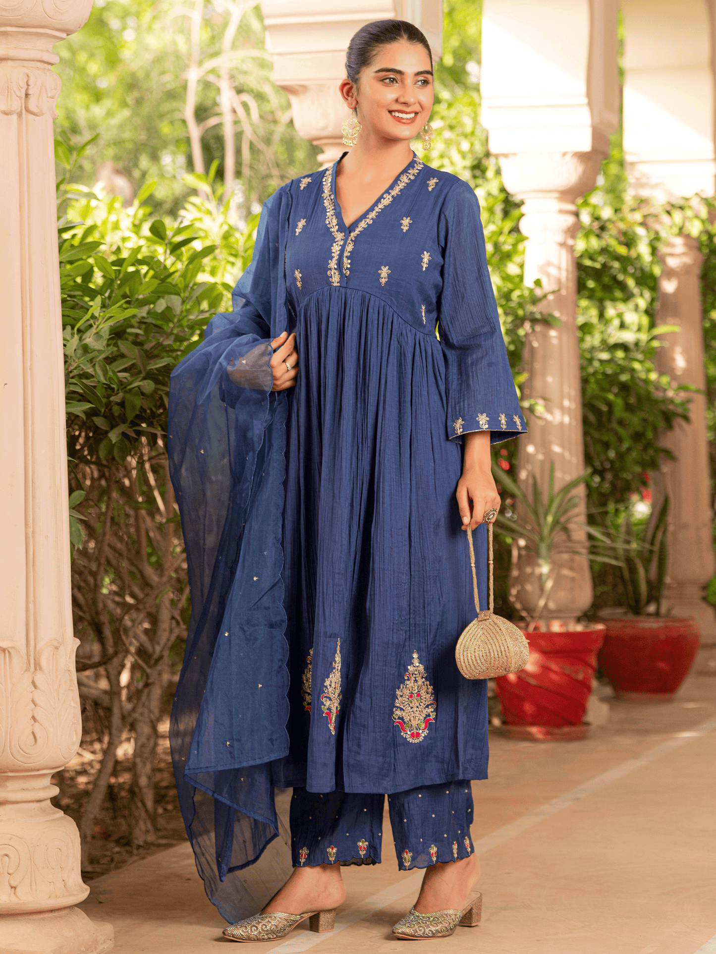 Embroidered Organza Solid Royal Blue Dupatta