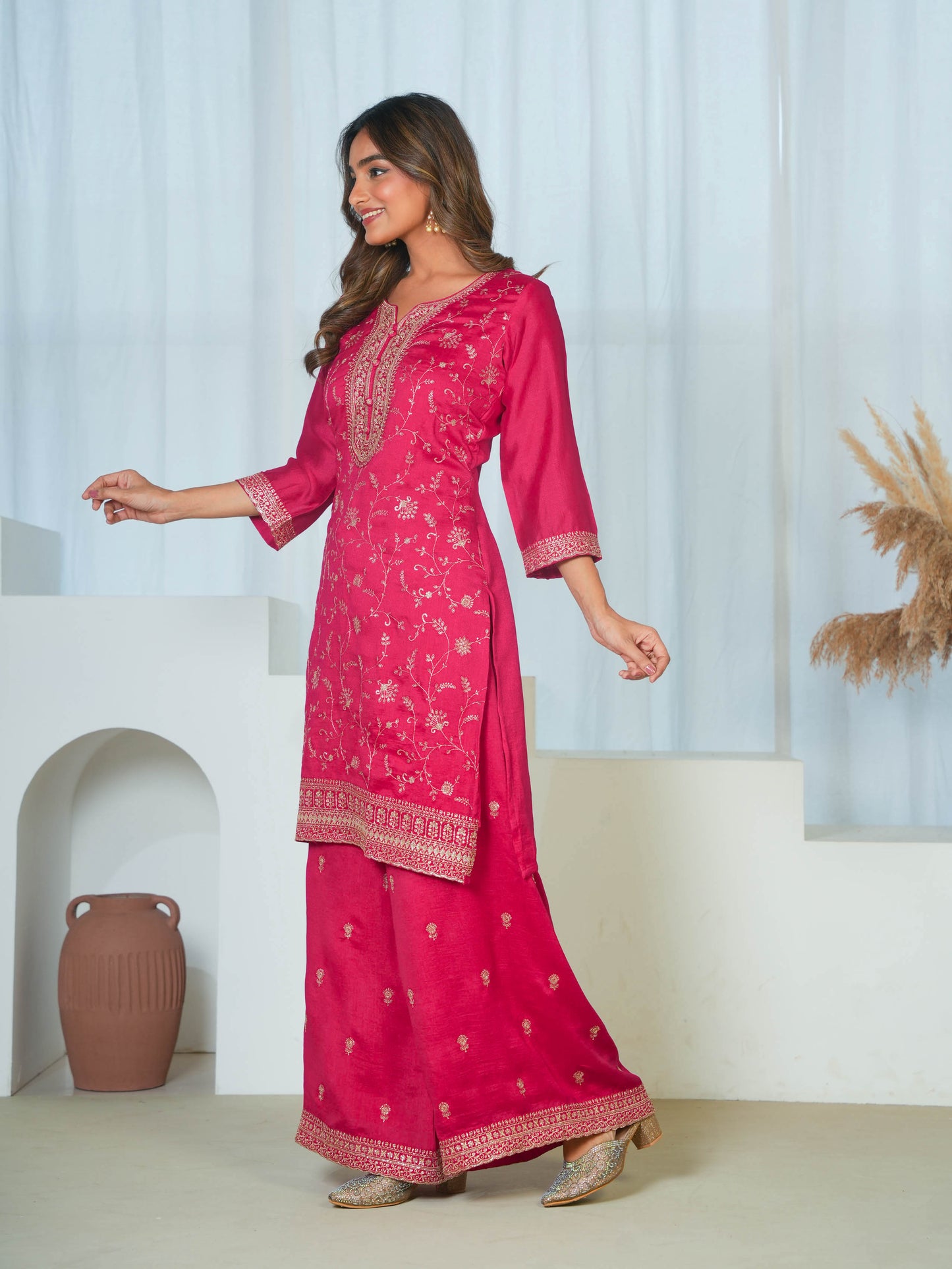 Embroidered Poly Silk Solid Dark Pink Kurta