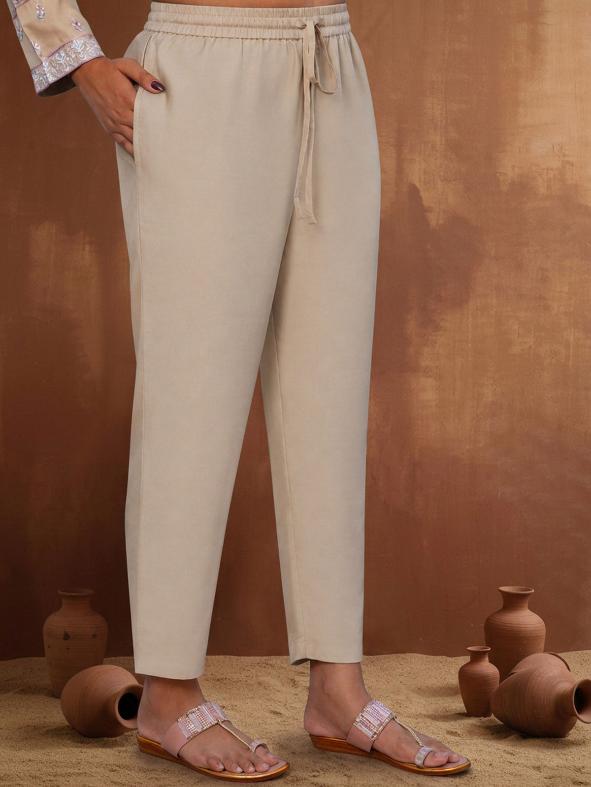 Embroidered Chanderi Solid A-line Sand Kurta