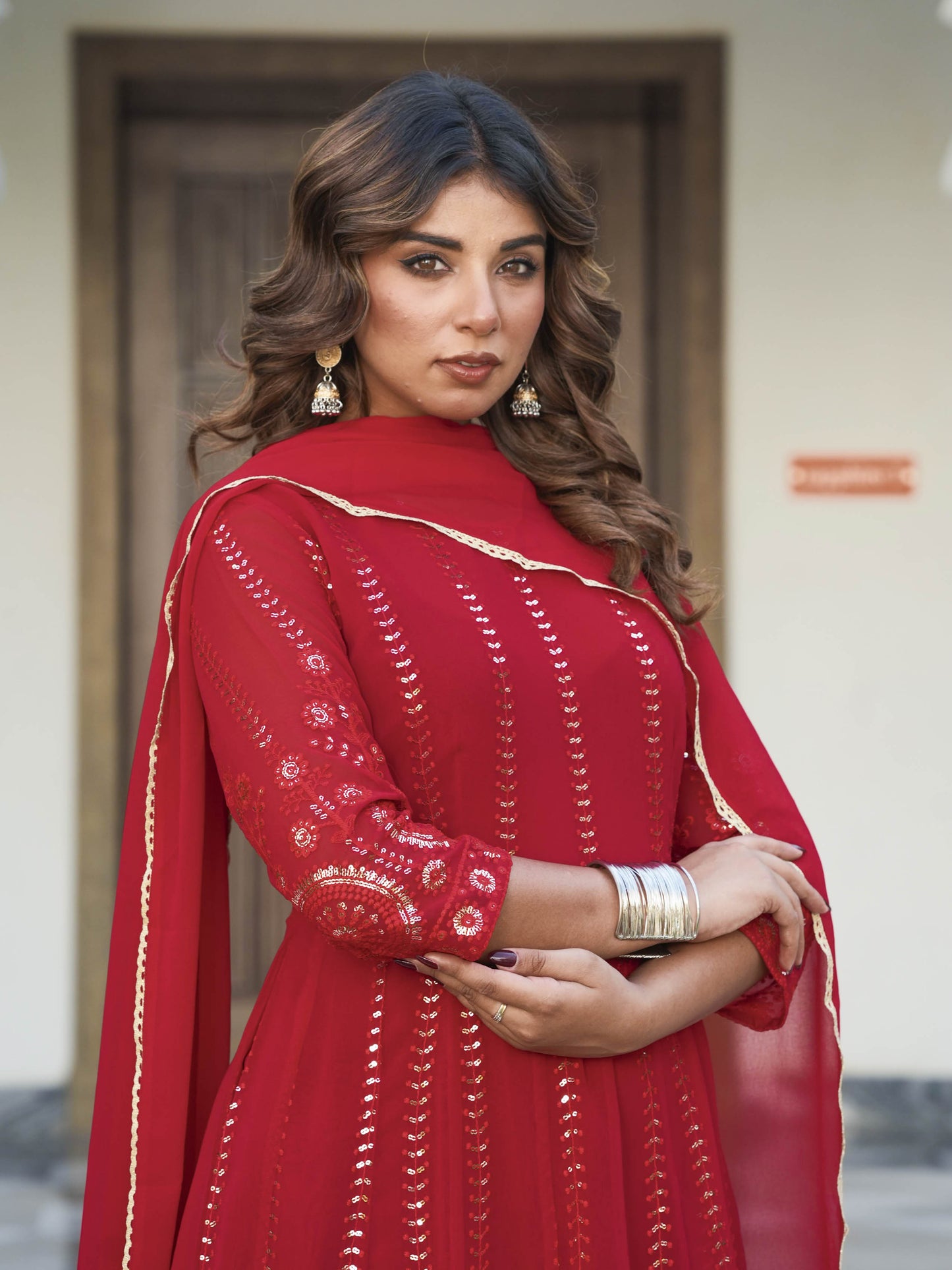 Embroidered Georgette Solid Red Anarkali Kurta