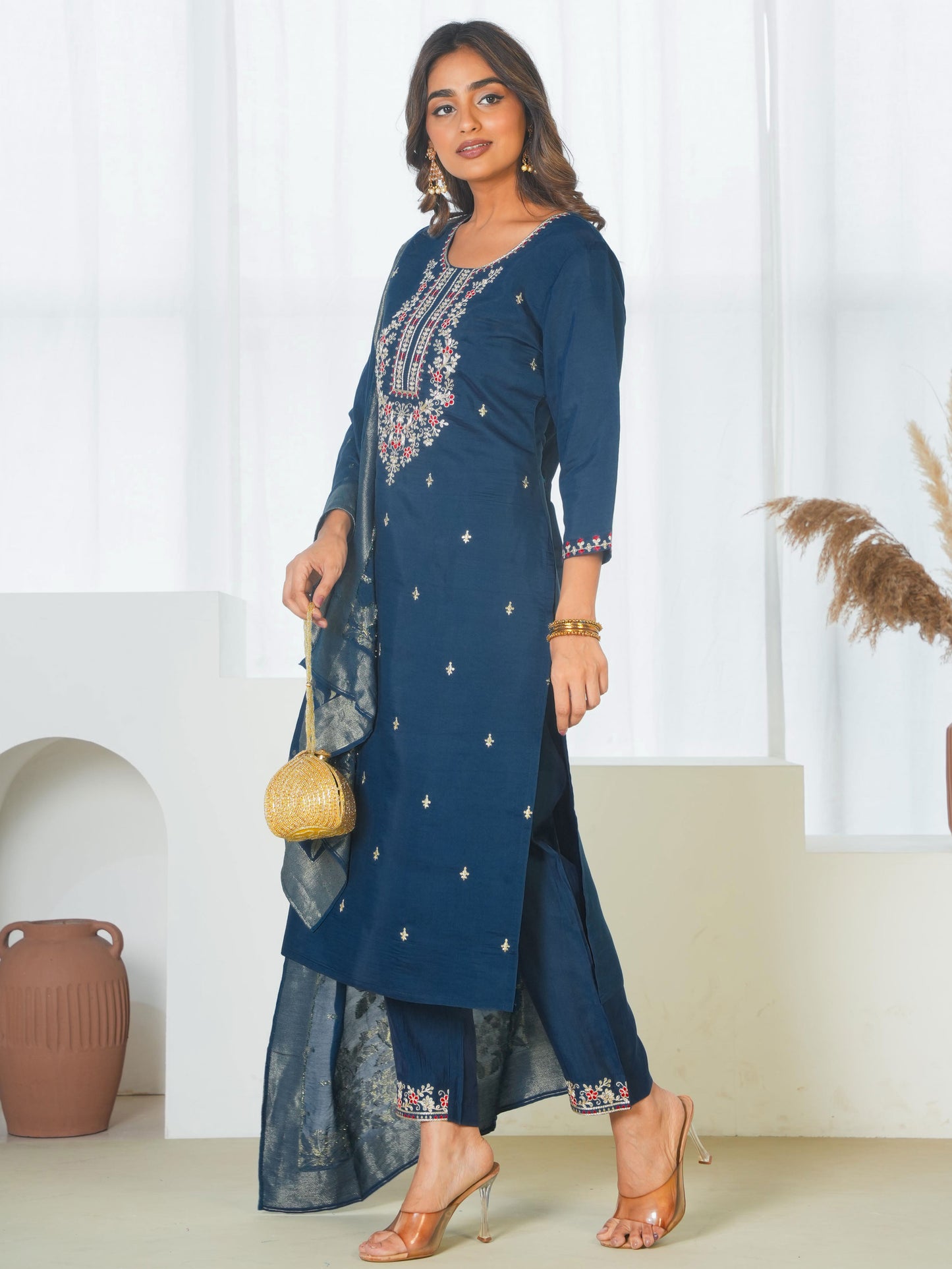 Silk Jacquard Solid Teal Dupatta