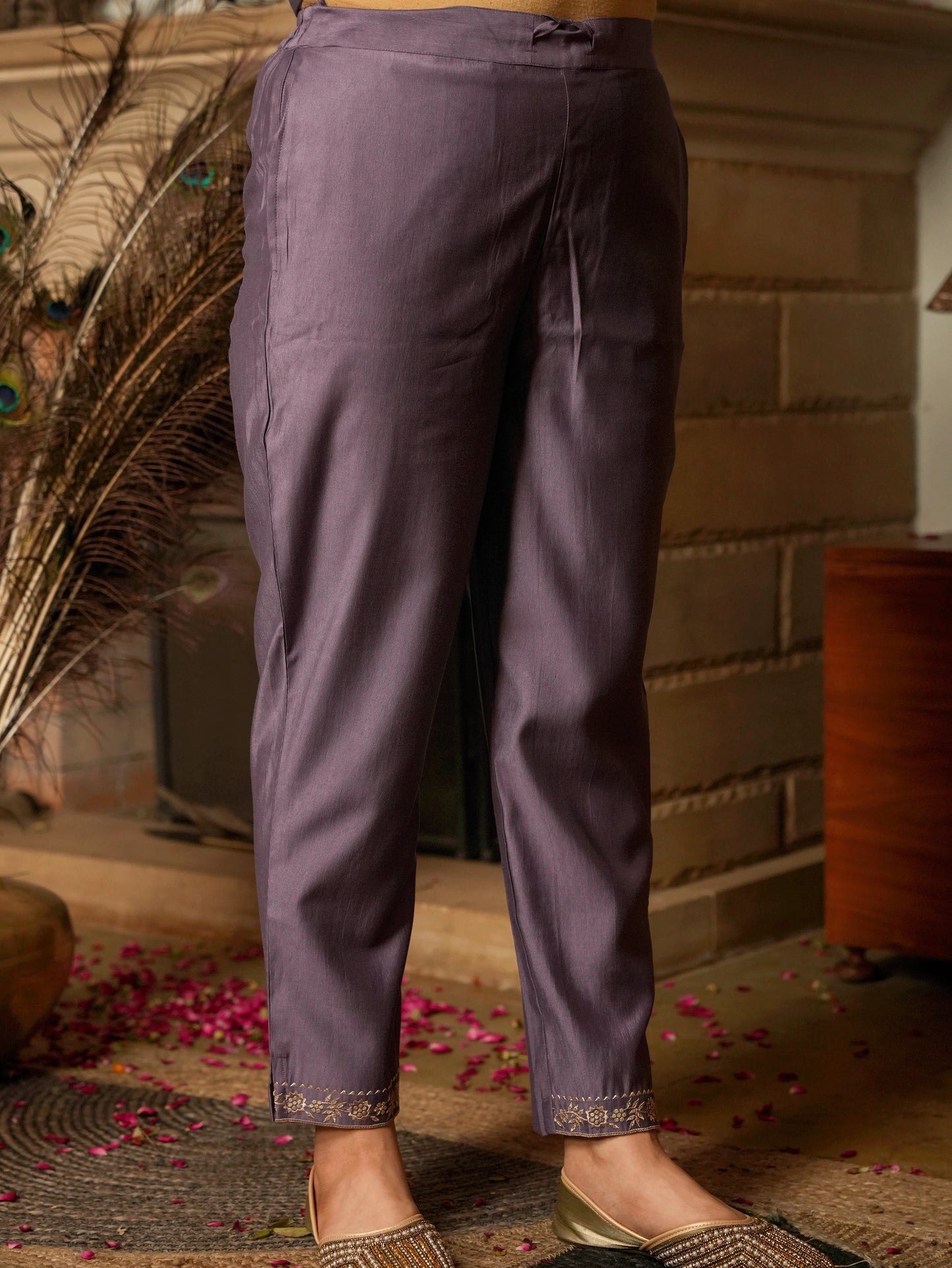 Embroidered Blended Silk Solid Purple Trousers