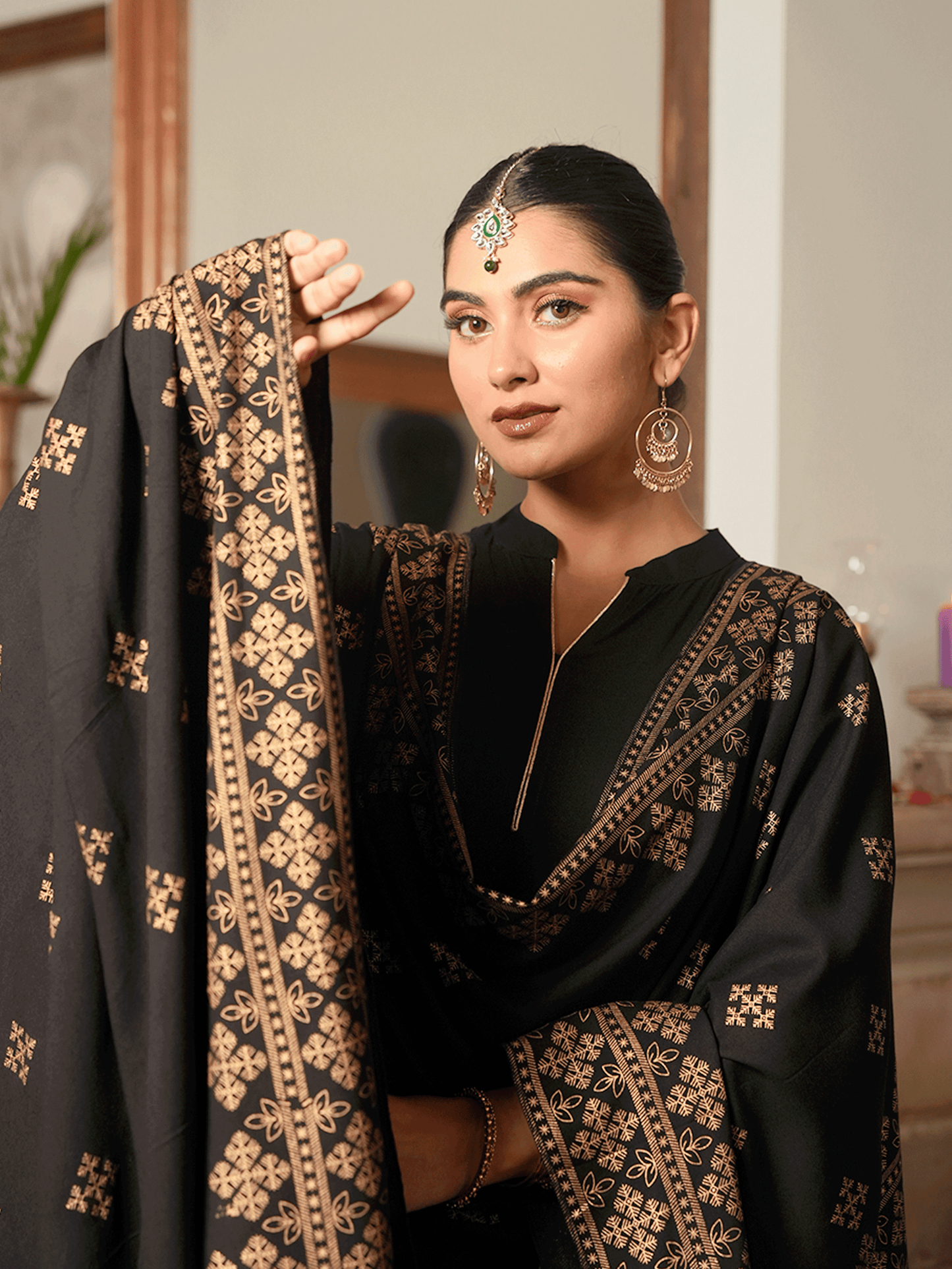Viscose Gold foil Anarkali Black Kurta