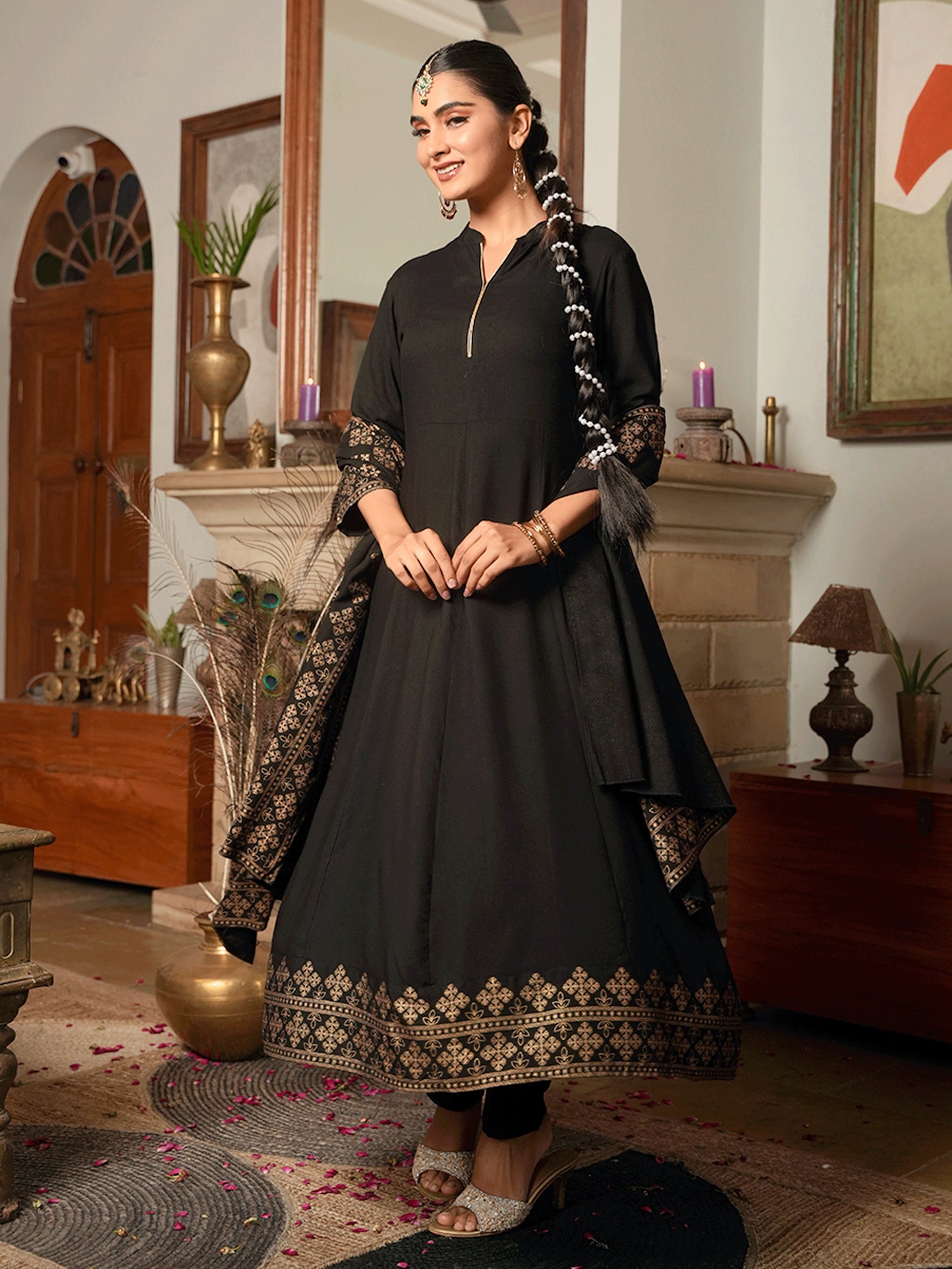 Viscose Gold foil Anarkali Black Kurta