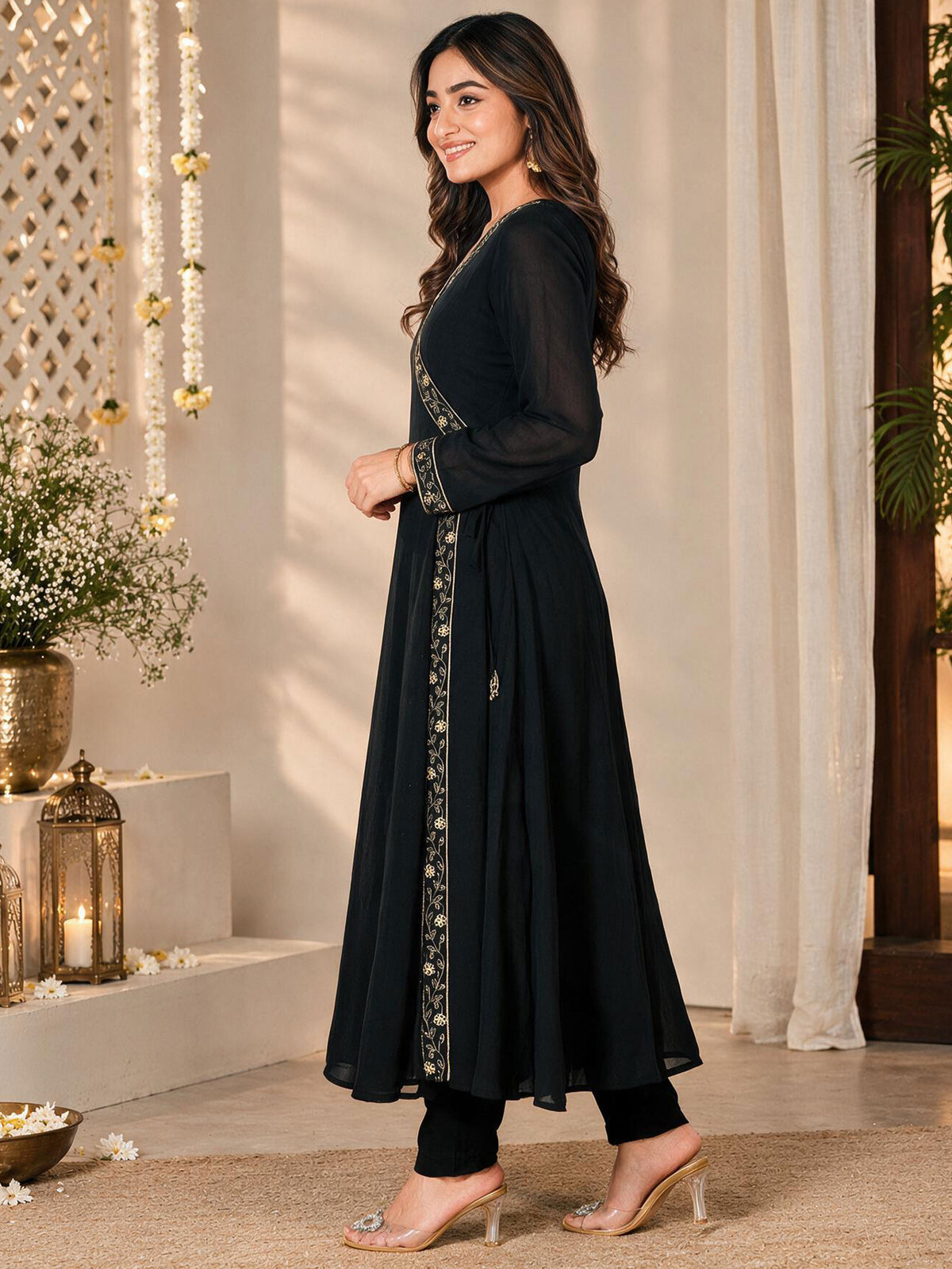 Embroidered Georgette Solid Black Anarkali Kurta
