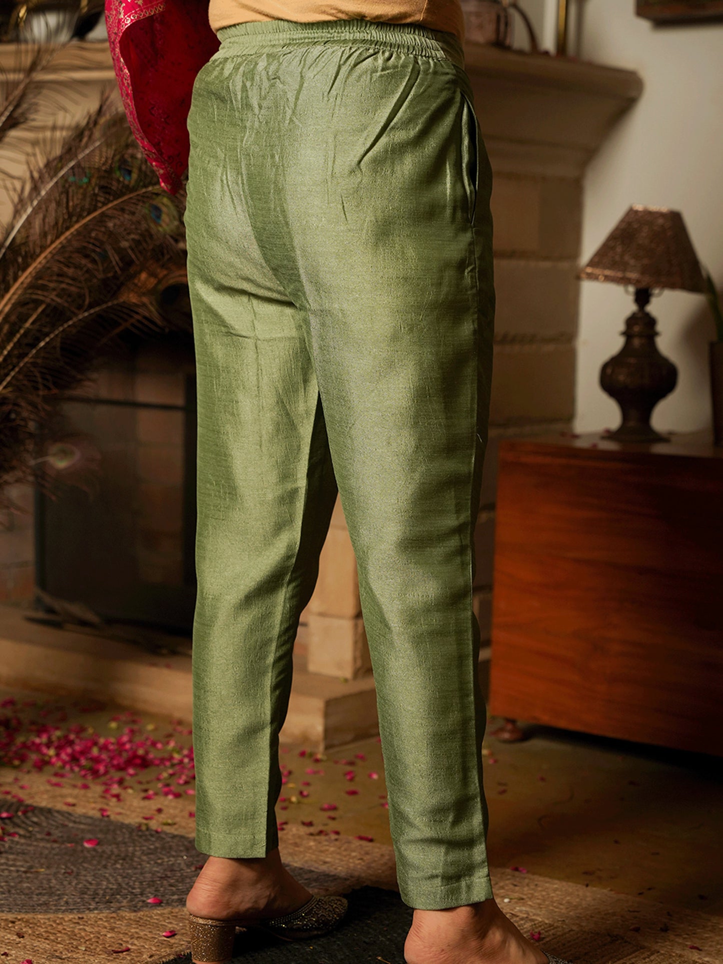 Embroidered Poly Silk Solid Mint Green Trousers
