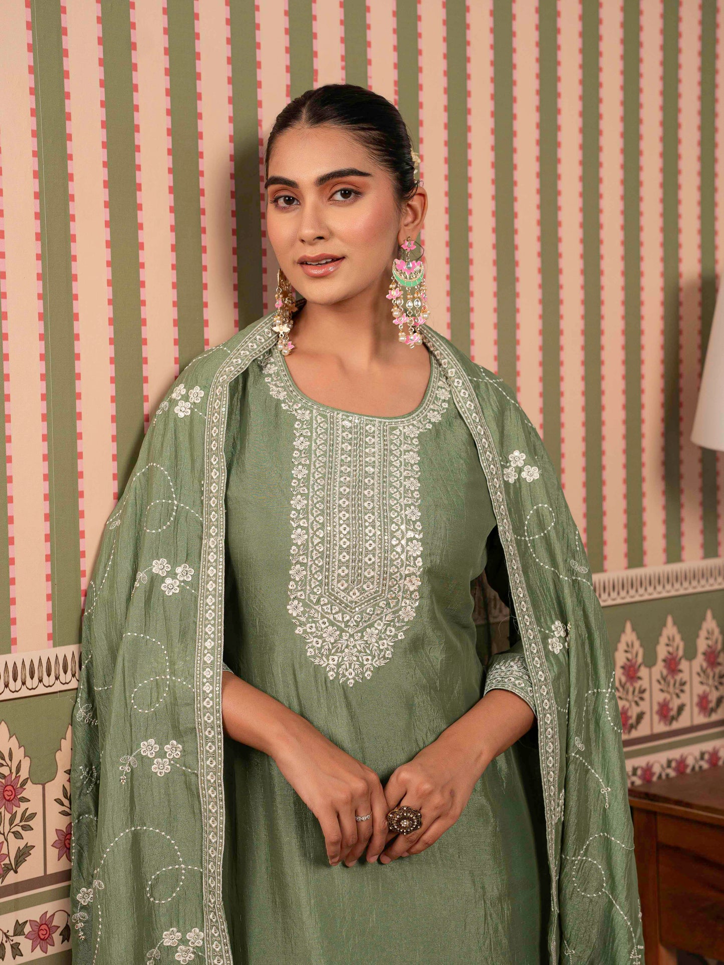 Embroidered Blended Silk Solid Mint Green Dupatta