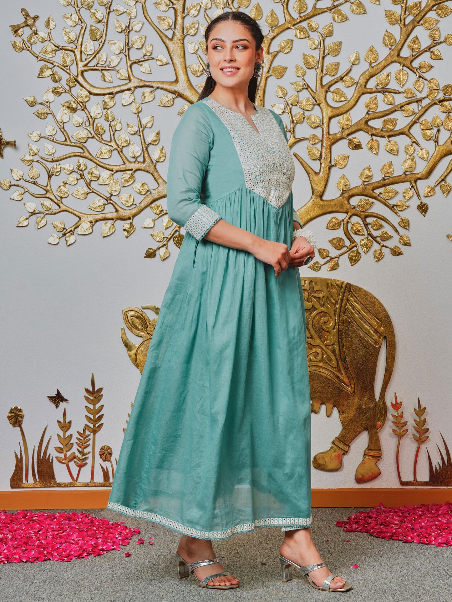 Embroidered Cotton Voile Solid Anarkali Teal Kurta
