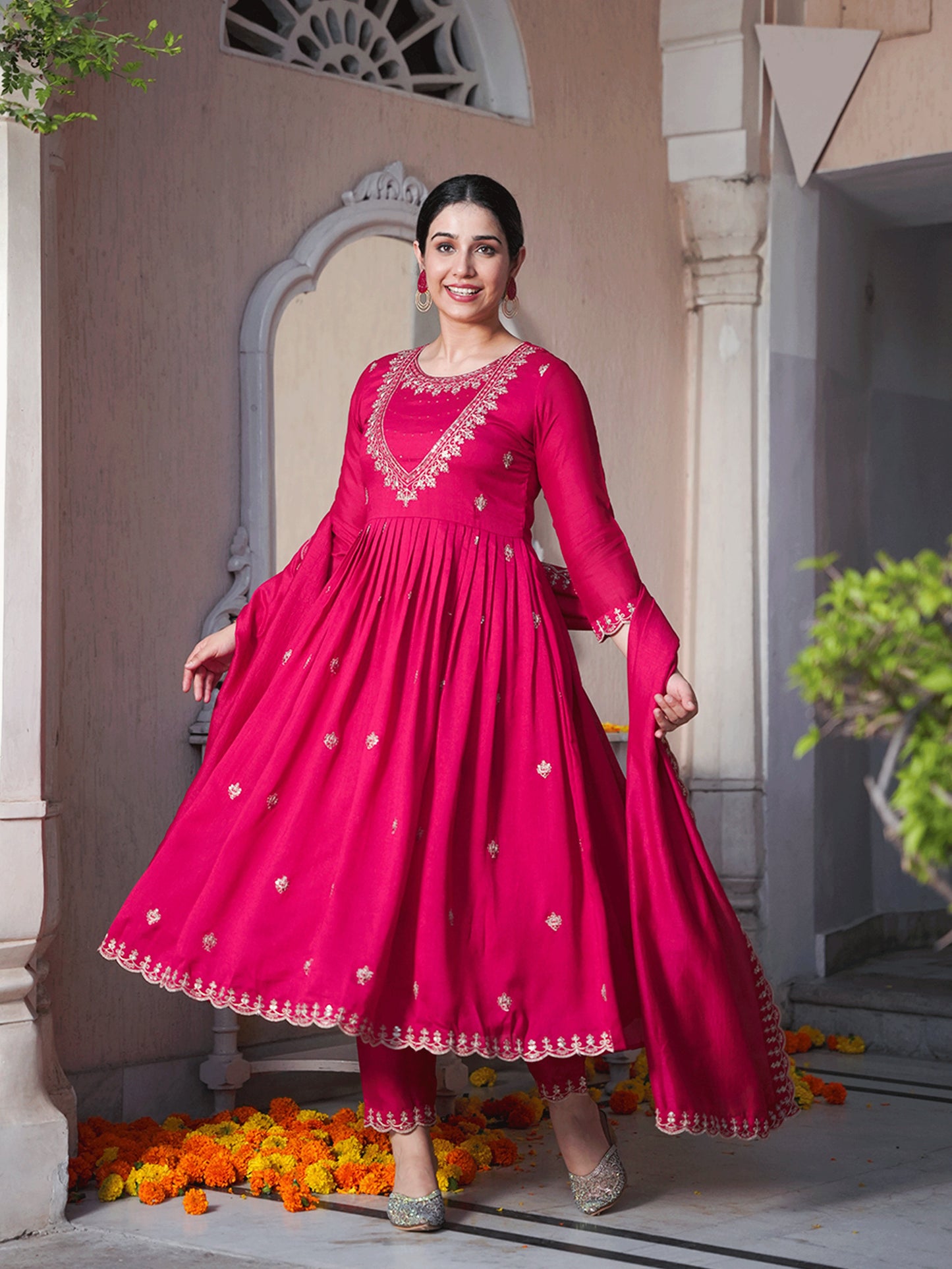 Embroidered Blended Silk Solid Royal Pink Dupatta